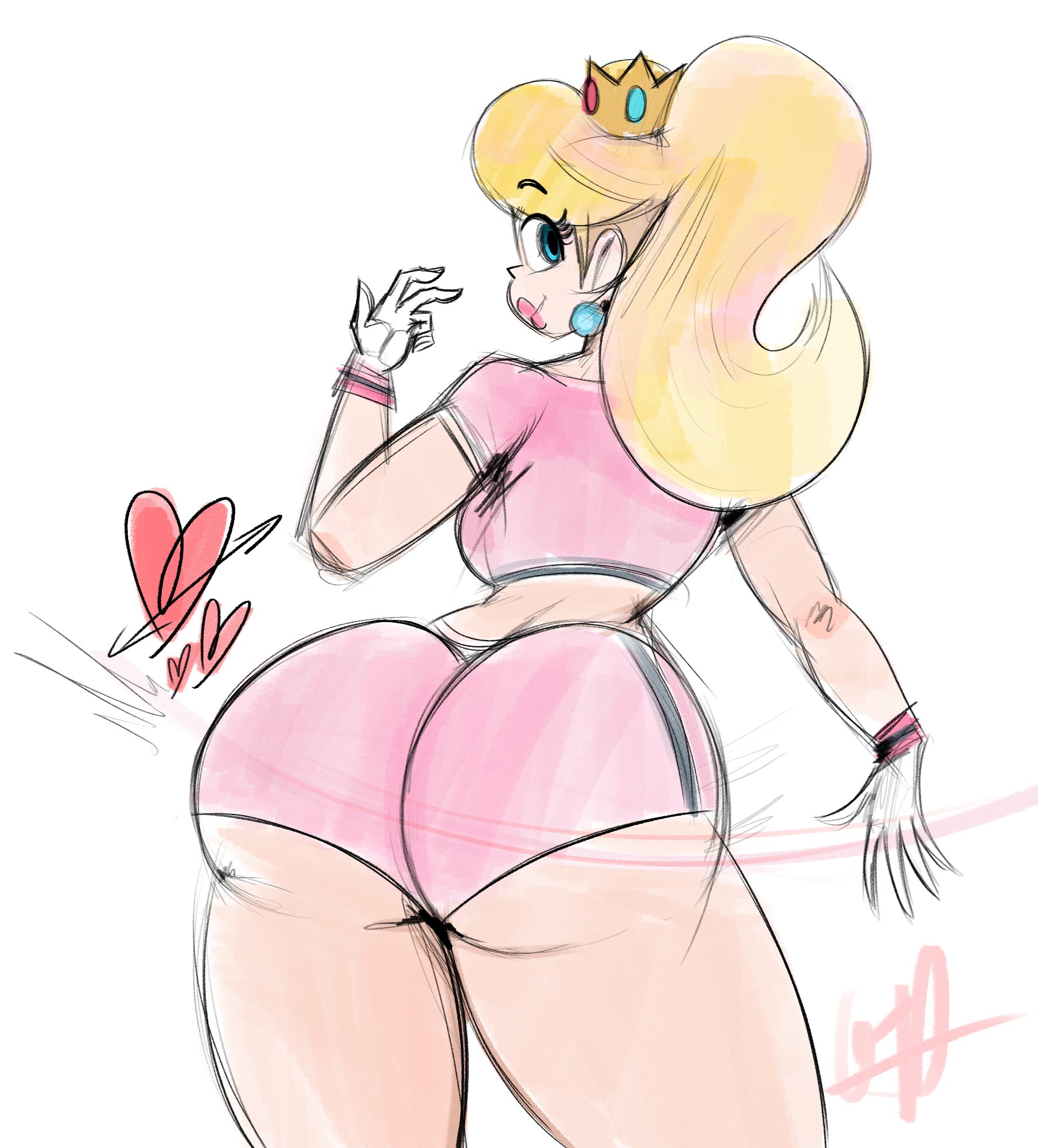 1girls, ass, ass slap, big ass, big butt, big lips, blonde hair, blue eyes, bottom heavy, bubble ass, bubble butt, colored, crown, earrings, eyelashes, fat ass, fat butt, female, female only, football, football player, football uniform, large ass, large butt, lipstick, looking at viewer, looking back, mario (series), mario strikers, nintendo, ota (artist), pink shorts, ponytail, presenting ass, presenting butt, presenting hindquarters, princess peach, royalty, sketch, solo, sportswear, thick ass, thick thighs, wide hips