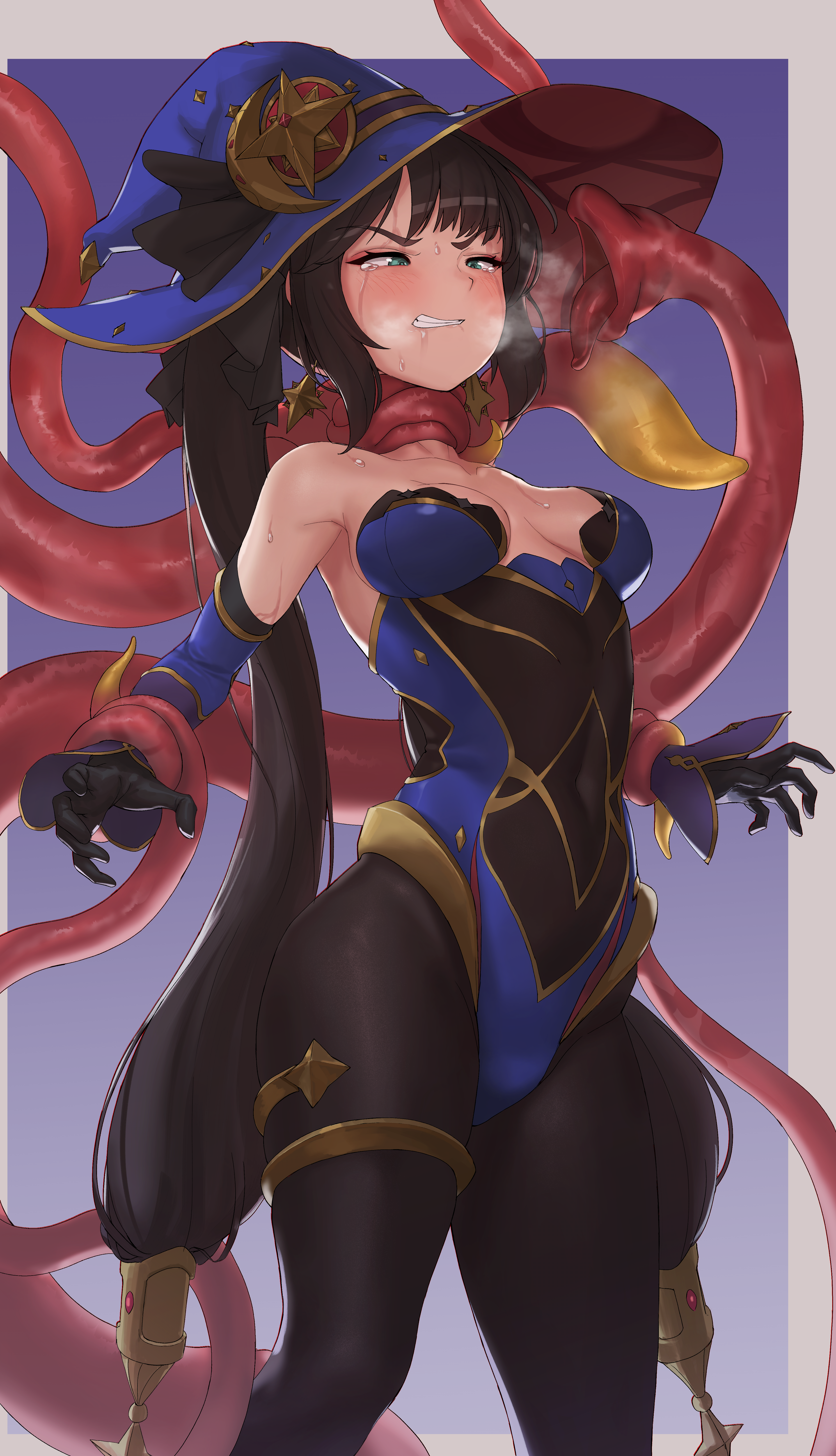 asphyxiation, breasts, female, genshin impact, leotard, mona (genshin impact), mulberrybra, pantyhose, strangling, tentacle, tentacle rape, tongue, tongue out