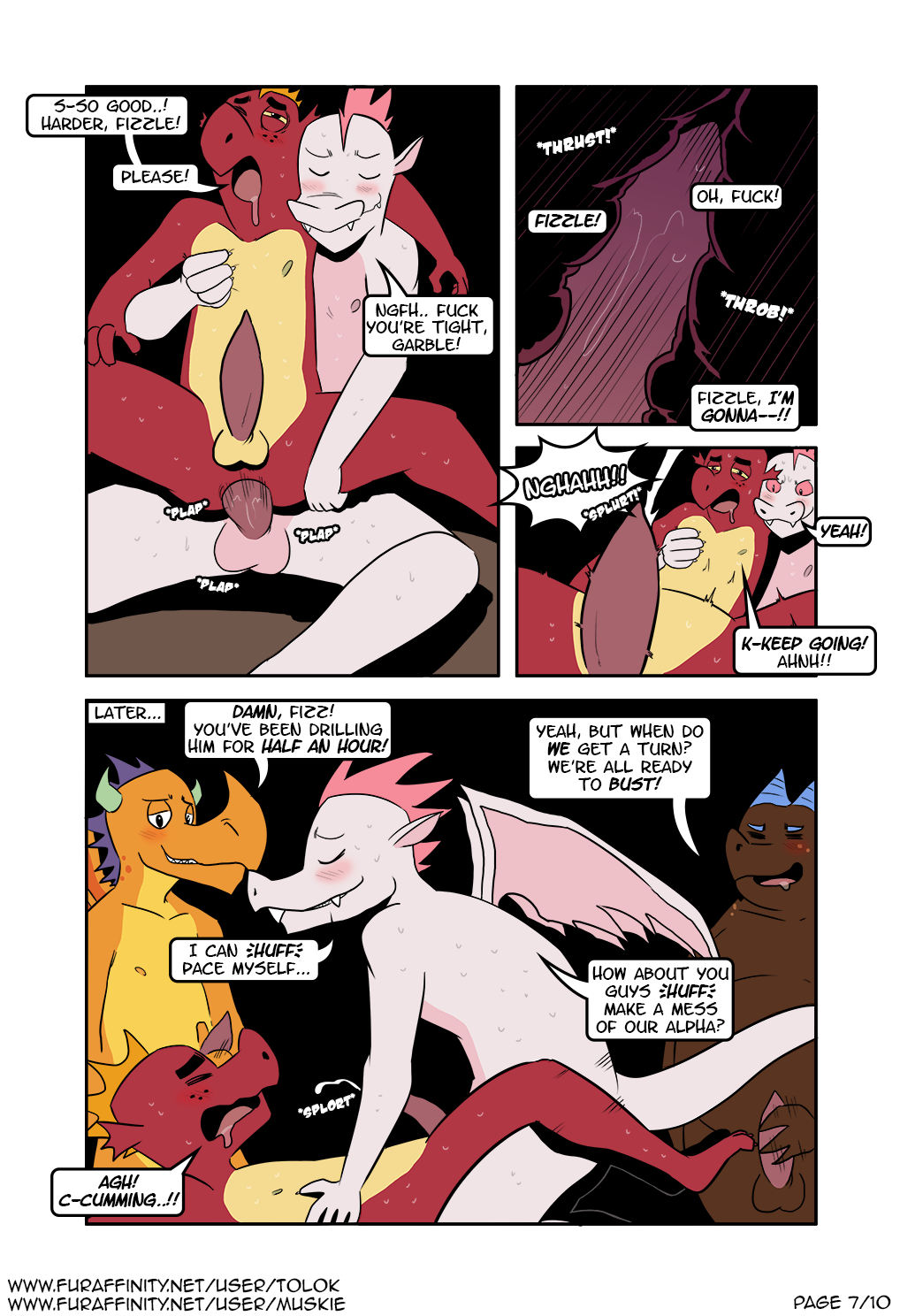 anal anal_sex anthro anthro_on_anthro anthro_penetrated anthro_penetrating anthro_penetrating_anthro balls bodily_fluids clump_(mlp) comic cum cumshot dialogue dragon ejaculation english_text erection fizzle_(mlp) friendship_is_magic garble_(mlp) genital_fluids genitals group hasbro hi_res internal male male/male male_penetrated male_penetrating male_penetrating_male my_little_pony nipples nude overweight overweight_male penetration penis profanity sex text tolok url