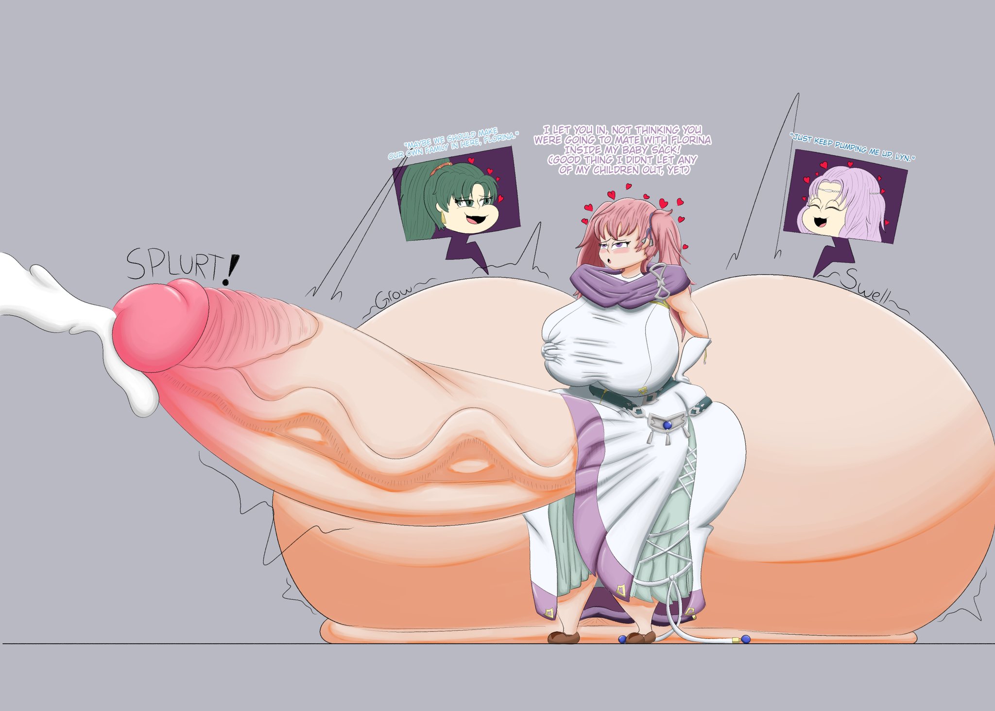 1girls, 2futas, alternate version available, alternative version available, areolae, ass, balls, balls expansion, balls growth, balls growth (enlargement), blizynx, breasts, clothed, clothing, cock vore, cum, dialogue, ejaculation, english text, expansion, female, fire emblem, fire emblem: the blazing blade, flaccid, flaccid penis, florina (fire emblem), futa focus, futa on female, futa on futa, futanari, genital expansion, genital growth, genital growth (enlargement), gigantic ass, gigantic balls, gigantic breasts, gigantic penis, gigantic testicles, heart, huge balls, huge breasts, huge penis, huge testicles, hyper, hyper balls, hyper penis, implied sex, ineffective clothing, inflation, intersex, lyn (fire emblem), lyndis (fire emblem), nintendo, orgasm, pale skin, partially clothed, penis, pregnant, serra (fire emblem), solo focus, testicles, text, veiny penis, vore