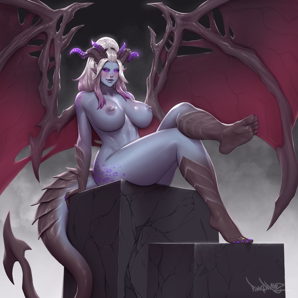 1girls breasts demon demon_girl female female_only horns huge_breasts large_breasts nipple_piercing nipples nude pinkdrawz sitting solo solo_female thick_thighs