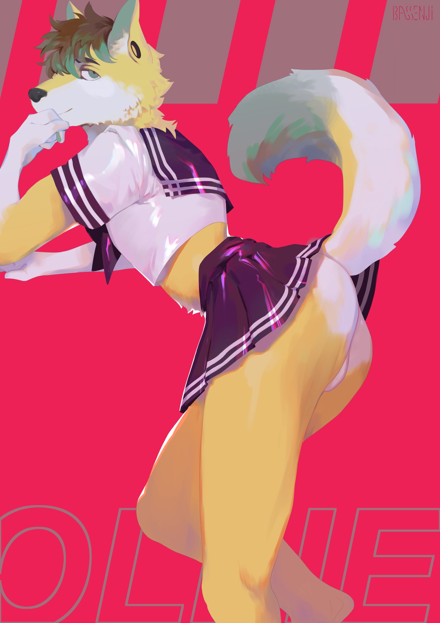 anthro barefoot bassenji bottomwear canid canine clothed clothing crossdressing fox hi_res looking_at_viewer male male_only mammal raised_tail red_background rubber sailor_uniform simple_background skirt smile smirk solo tail_upskirt uniform