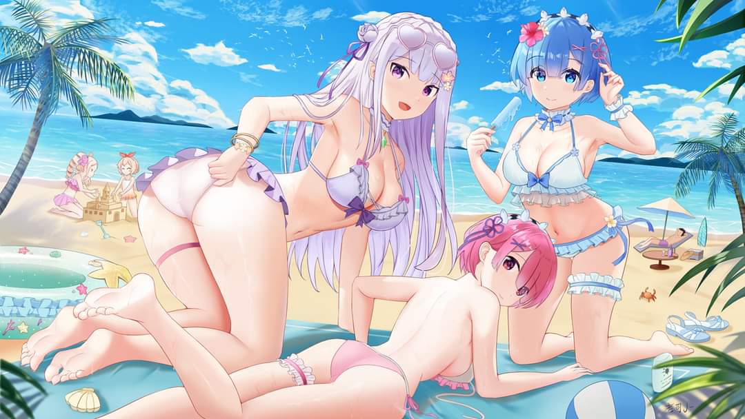 3girls ass bikini blue_eyes blue_hair emilia_(re:zero) multiple_girls pink_bikini pink_eyes pink_hair purple_eyes ram_(re:zero) re:zero_kara_hajimeru_isekai_seikatsu rem_(re:zero) silver_hair white_bikini white_hair