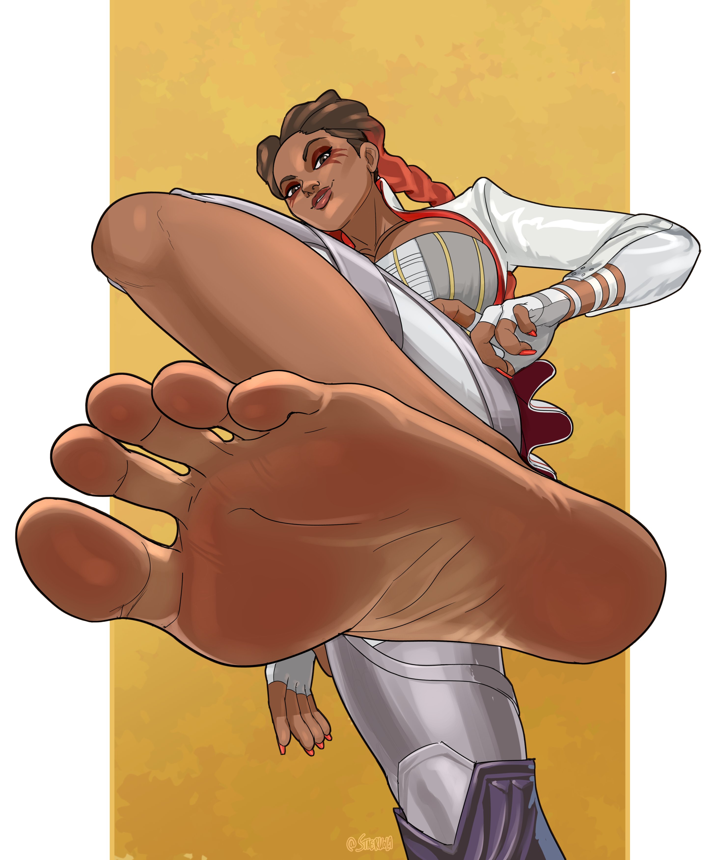 1girls, apex legends, big breasts, breasts, dark skin, dark-skinned female, feet, female, foot fetish, foot focus, latina, loba (apex legends), soles, solo, staerk
