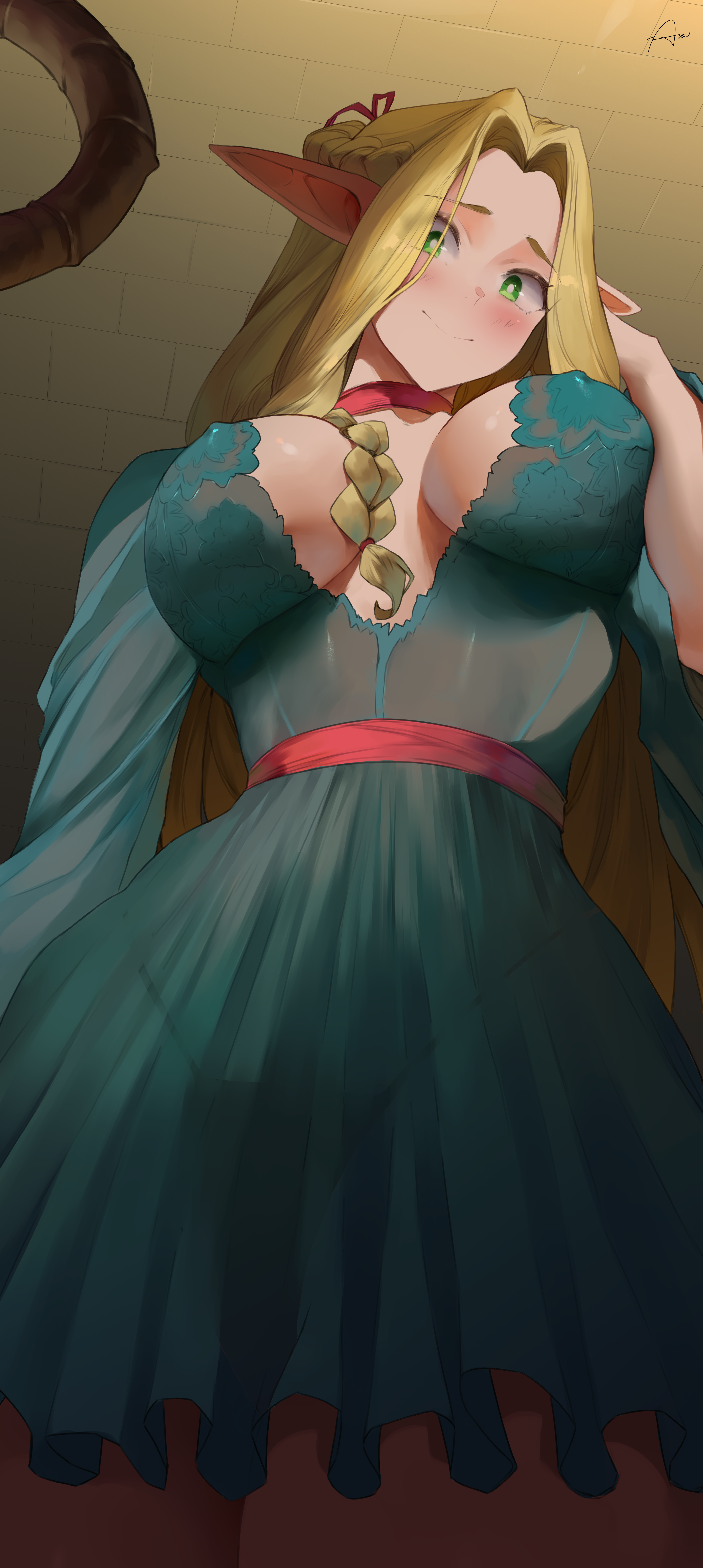1girls, araneesama, blonde hair, breasts, dungeon meshi, elf, elf ears, elf female, female, female only, green eyes, hi res, huge breasts, long ears, long hair, low-angle view, marcille donato, naughty face, pointy ears, thick thighs, wide hips