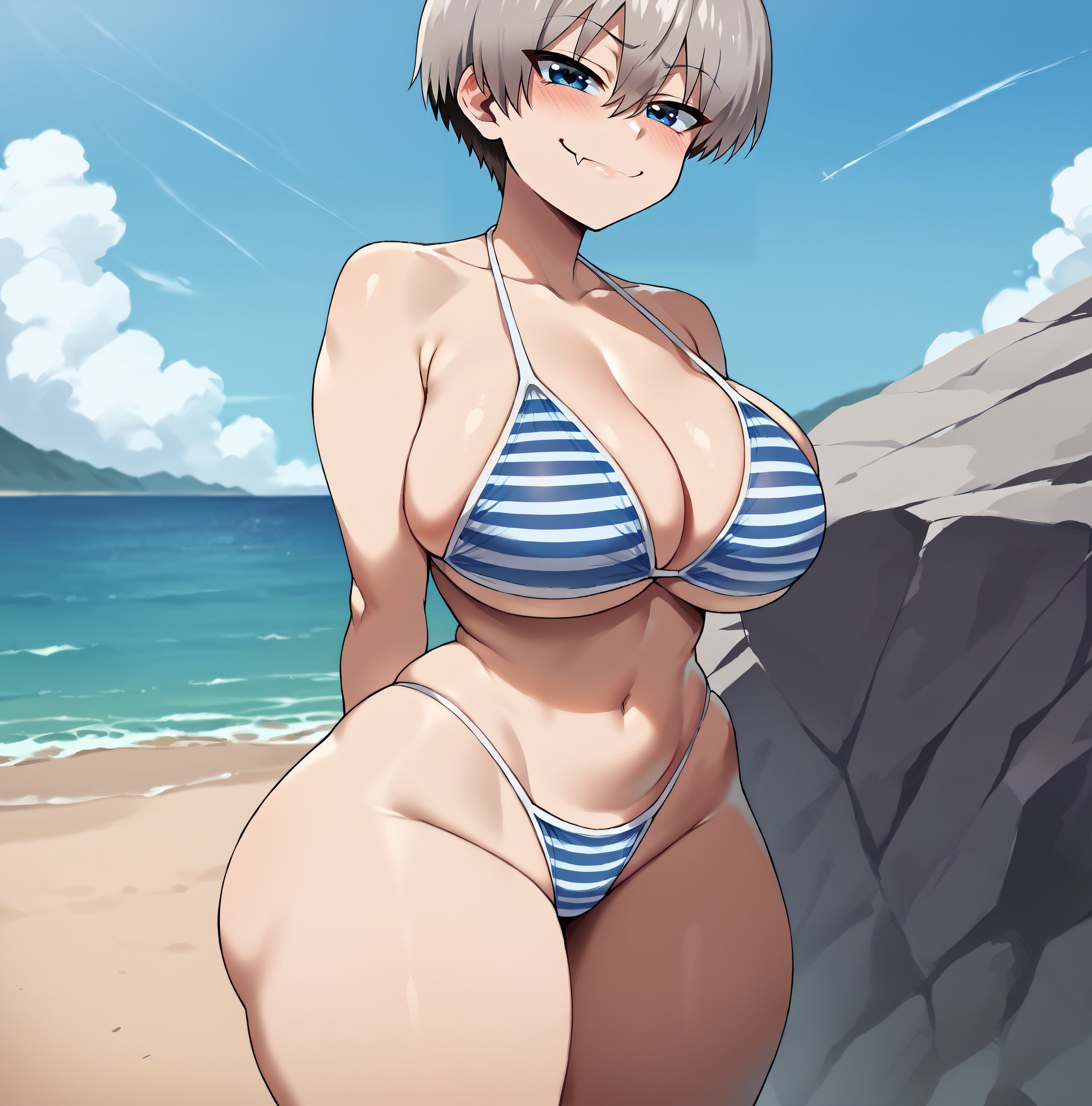 1girls, ai generated, bare thighs, beach, bikini, blue eyes, breasts, female, gigantic breasts, grey hair, huge breasts, huge thighs, light skin, light-skinned female, looking at viewer, massive breasts, short hair, shortstack, smiling, smogai, solo, solo female, squatting, sweat, sweatdrop, thick body, thick female, thick thighs, thighs, uzaki hana, uzaki-chan wa asobitai!, voluptuous, voluptuous female