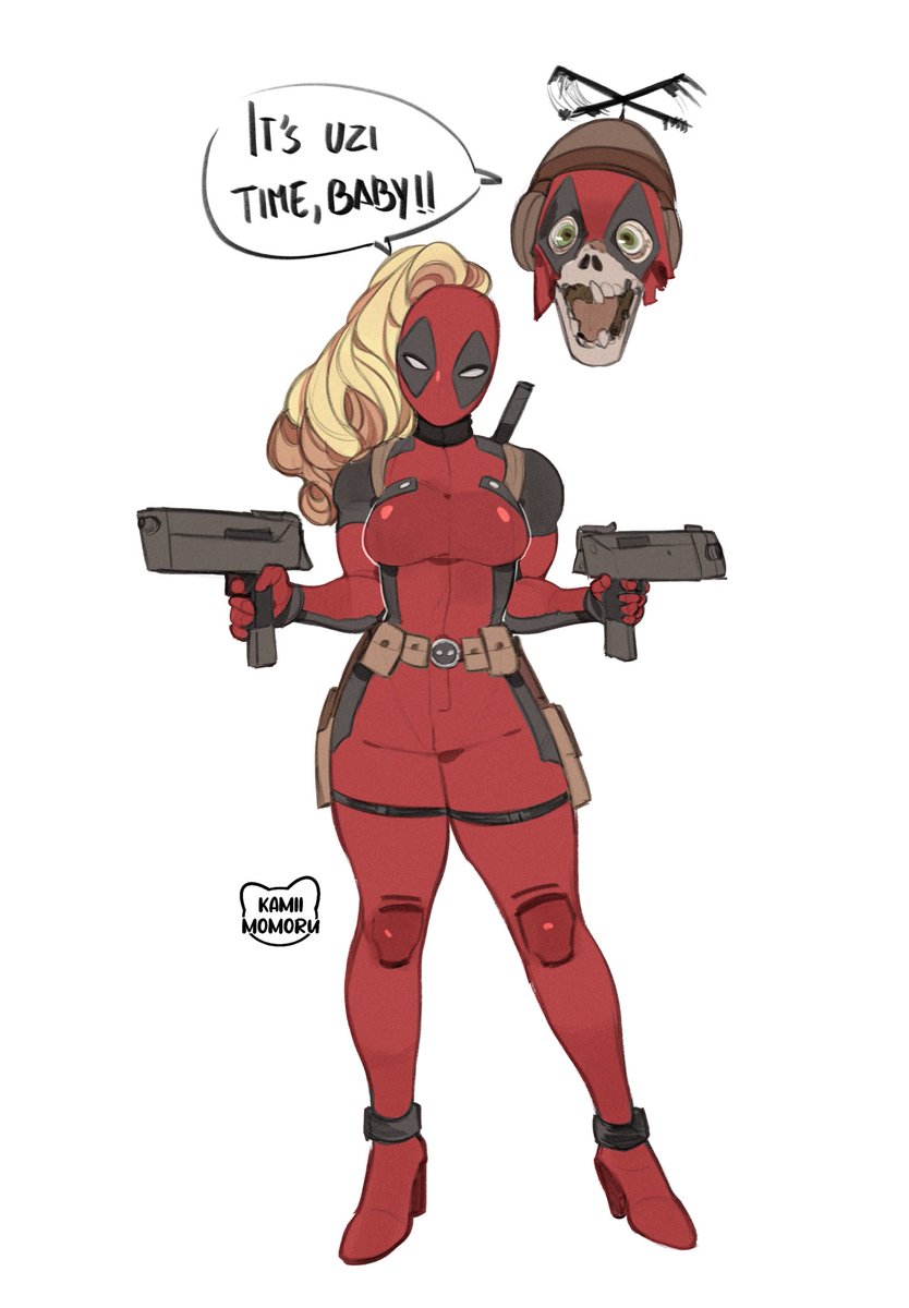 1girls artist_name blonde_hair bodysuit deadpool_&_wolverine_(2024) dialogue girly gun guns headpool high_heel_boots high_heels kamii_momoru lady_deadpool ladypool_(blake_lively) marvel marvel_comics movie_reference speech_bubble wanda_wilson white_background