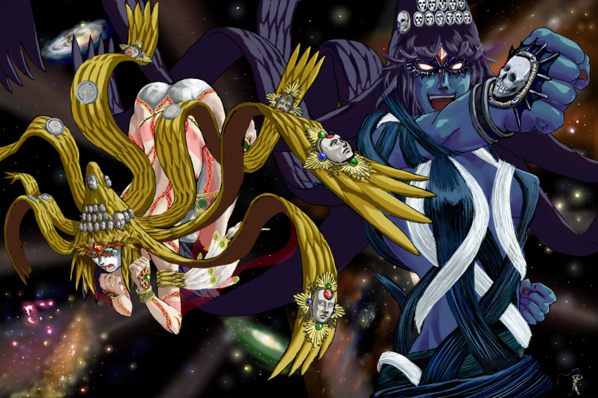 3girls ass bayonetta bayonetta_(series) black_hair blonde_hair blue_eyes blue_skin bracelet colored_skin ed_(end) female_focus galaxy glowing glowing_eyes hair_ornament jewelry jubileus long_hair lots_of_jewelry mask multiple_girls open_mouth queen_sheba red_eyes size_difference spoilers very_long_hair