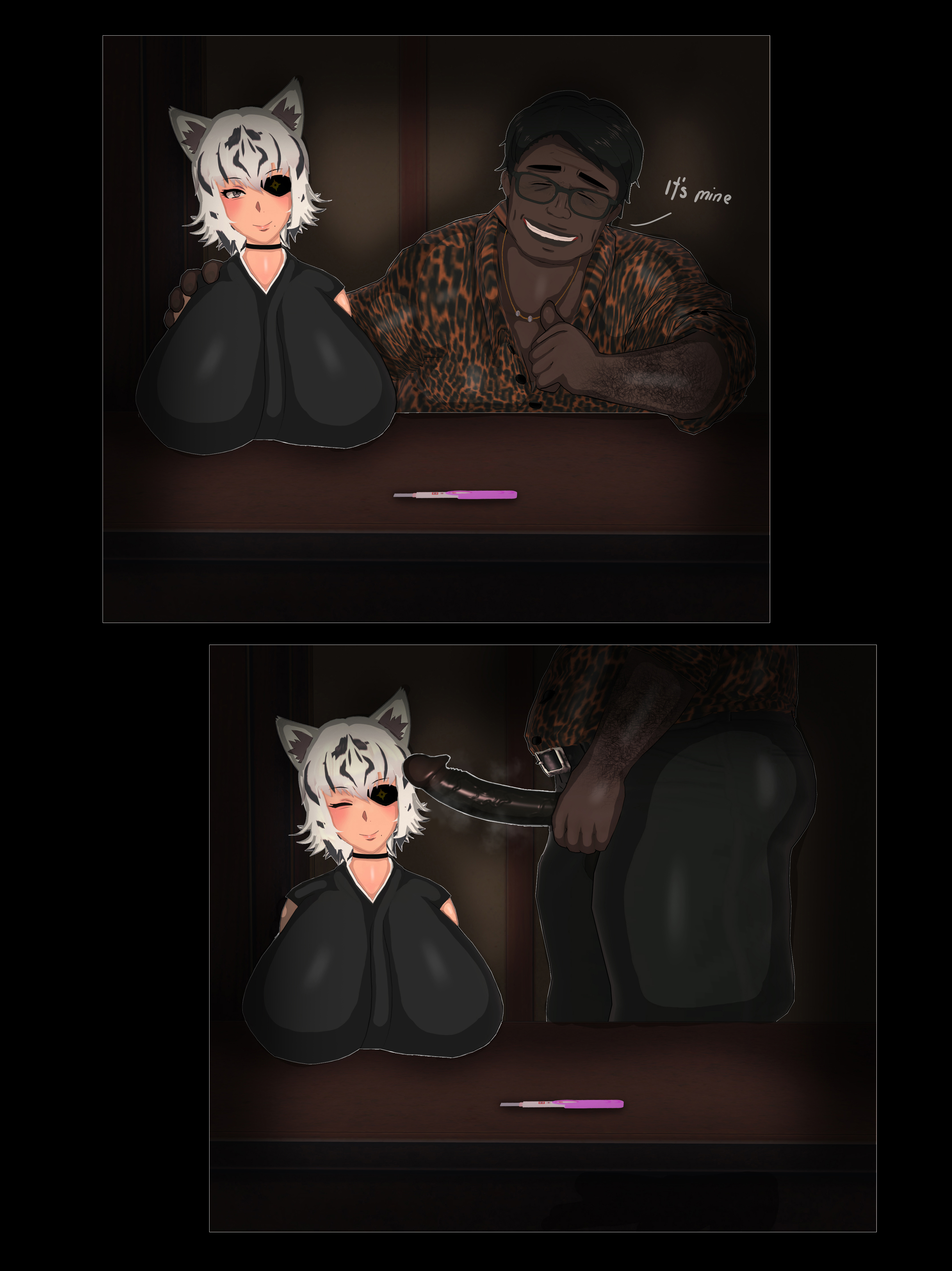 1boy, 1girls, 2koma, 3d, animal ears, animal print, big breasts, black hair, blush, breasts, brown eyes, cheating, closed eyes, comic, dark penis, dark skin, dark-skinned male, dialogue, english text, erection, excessive pubic hair, eye patch, eyewear, fat, fat male, female, glans, glasses, hi res, high resolution, highres, looking at viewer, male, male pubic hair, mature, mature female, milf, netorare, ntr, original, penis, pregnancy test, pubic hair, reina (vyrus smith), smile, text, uncensored, veiny penis, vyrus smith, white hair