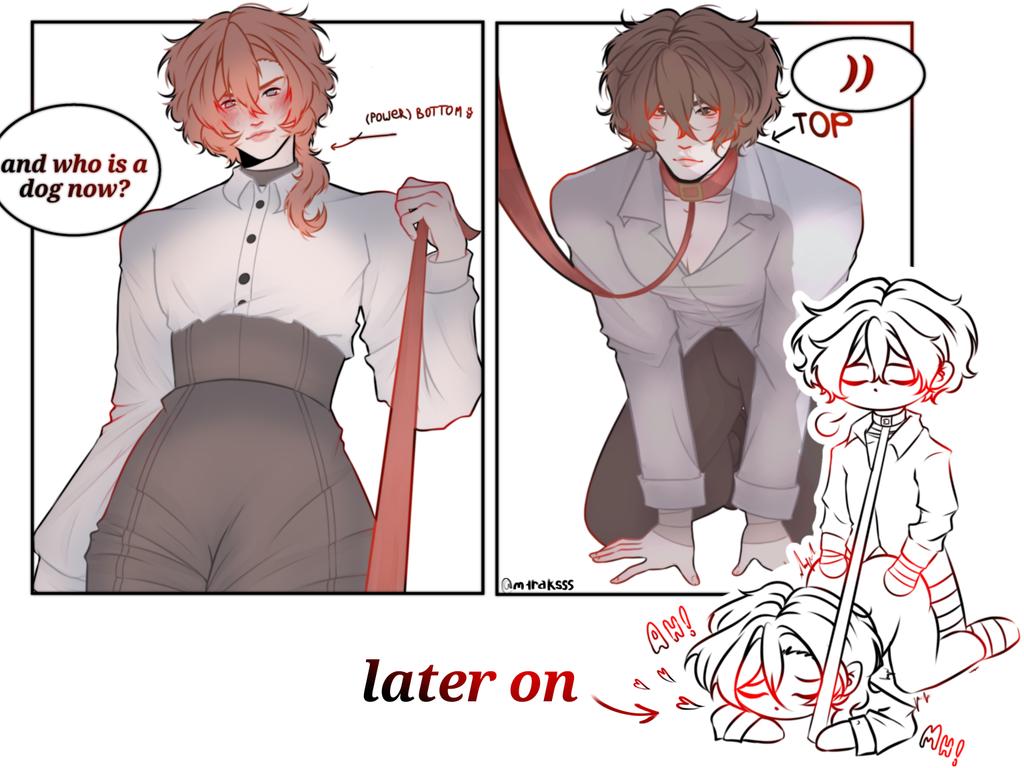 bungo stray dogs, bungou stray dogs, chuuya nakahara, collar, dazai osamu, leash, male, male only, power bottom, service top, skinny, sub top, submissive top, twink, yaoi
