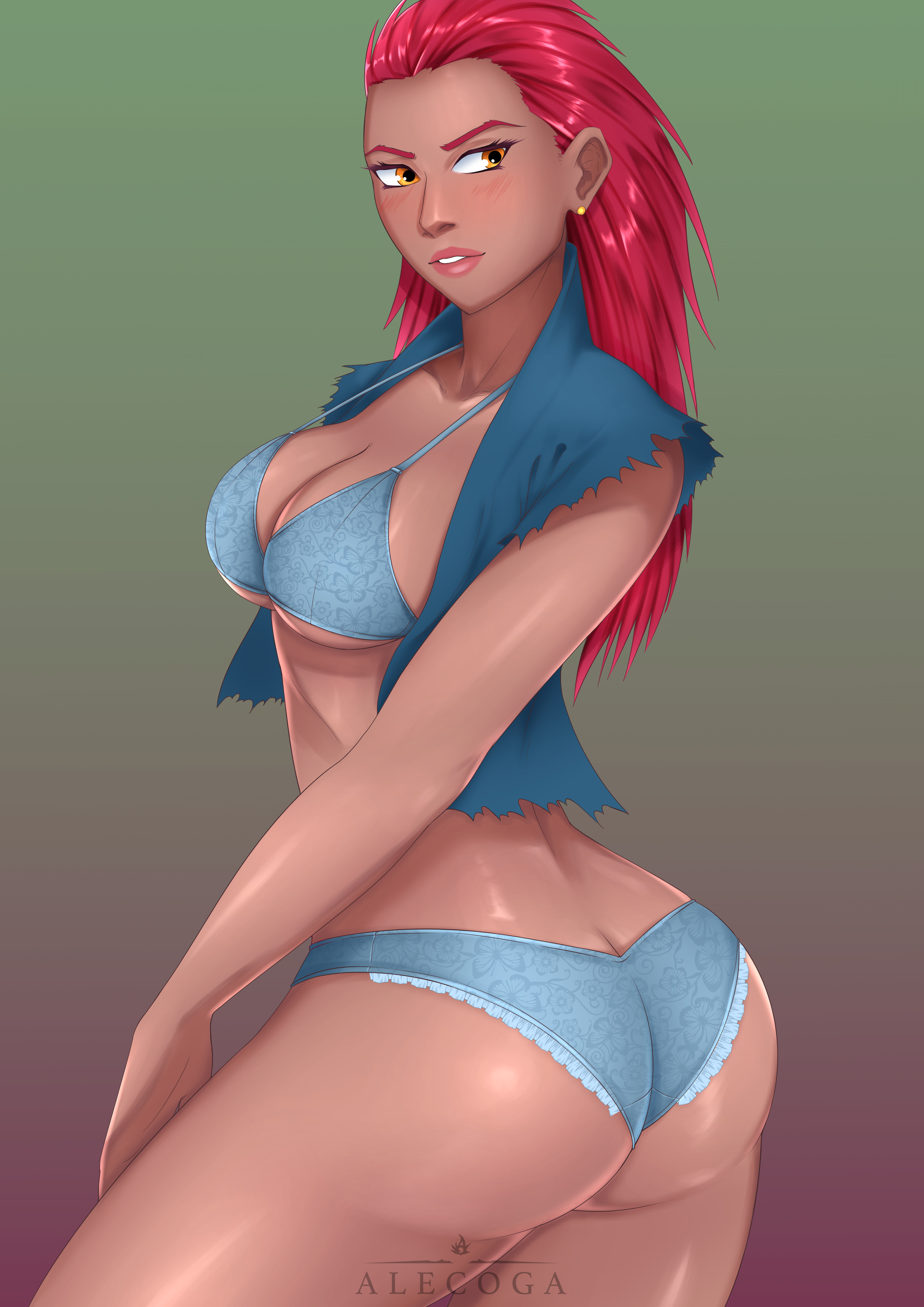1girls, alecoga, ass, blush, boruto: naruto next generations, bra, breasts, cleavage, dark skin, dark-skinned female, earrings, female, female only, karui, long hair, makeup, milf, naruto, naruto (series), panties, red hair, sleeveless, solo, underwear, vest, yellow eyes