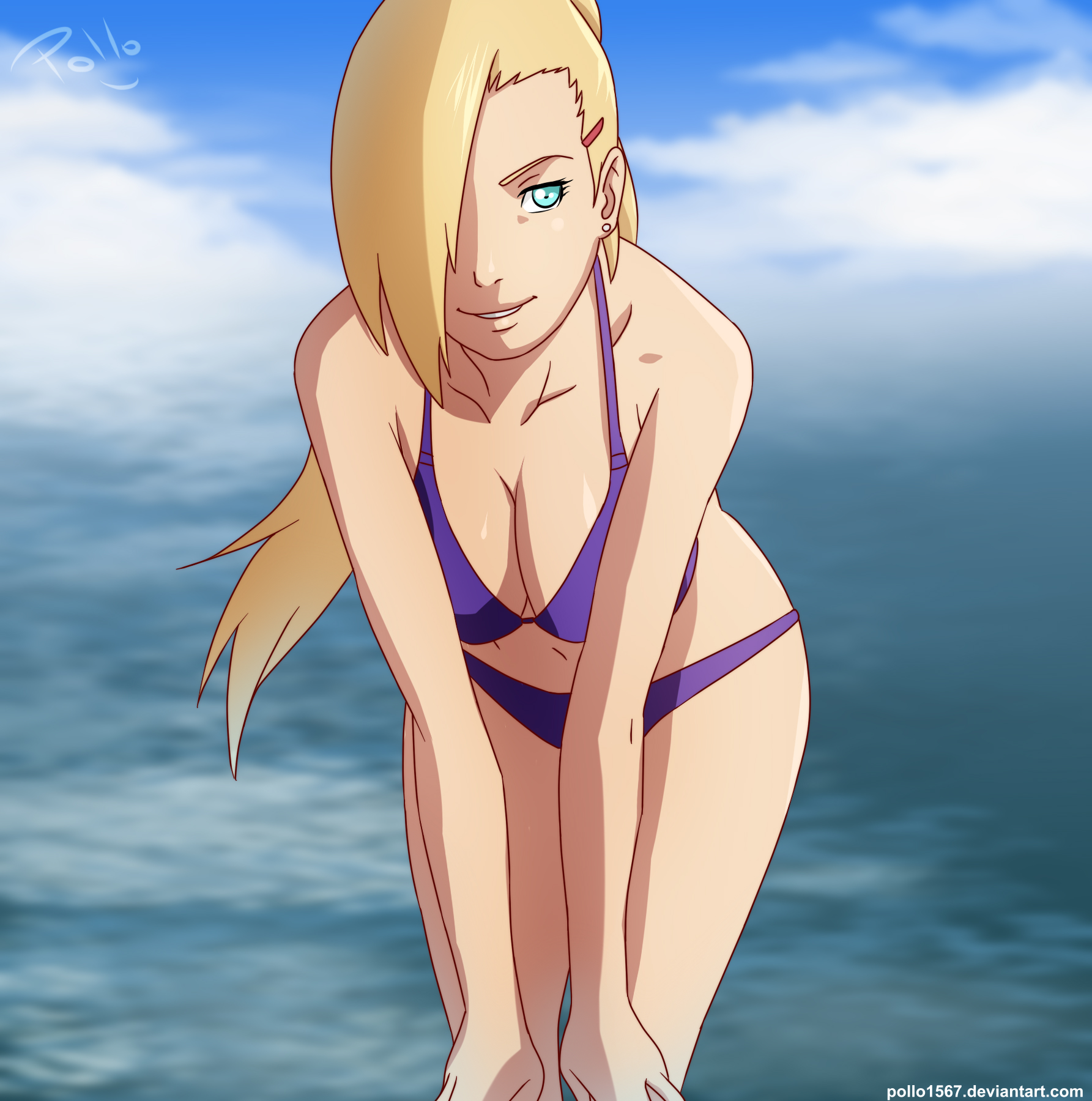 1girls, bangs, bare shoulders, bent over, bikini, blonde hair, blue eyes, cleavage, earrings, female, female only, hair over one eye, hairclip, hands on knees, ino yamanaka, long hair, looking at viewer, naruto, naruto (series), naruto shippuden, ocean, outdoors, pollo1567, smile, solo, standing, swimsuit, tied hair, water, wide hips