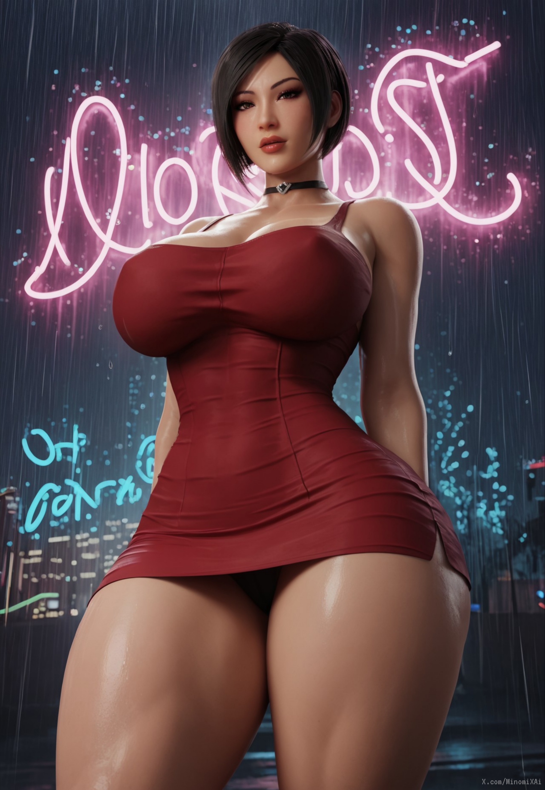 1girls, ada wong, ai generated, arms behind back, bangs, bare shoulders, black hair, breasts, brown eyes, capcom, choker, cityscape, cleavage, curvy, curvy figure, dress, female, fit, fit female, from below, large breasts, lips, looking at viewer, makeup, minomixai, neon lights, night, nipple bulge, outside, panties, pantyshot, parted lips, rain, resident evil, short dress, short hair, solo, solo focus, thick thighs, thighs, wet, wet body, wide hips