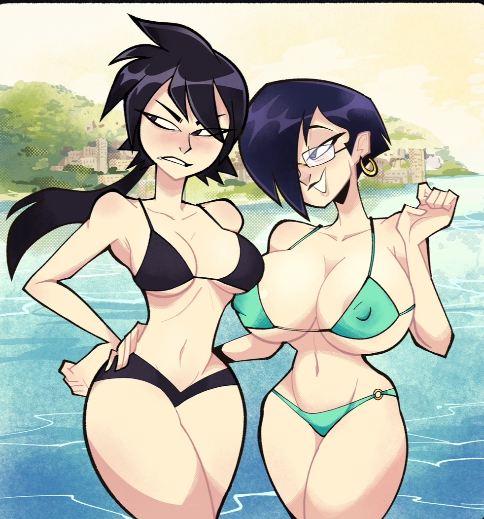 2girls abdomen beach bikini black_hair embarrassed gardnerverse glasses hair_over_one_eye hand_on_hip herny hips kim_nguyen large_breasts mother_and_daughter ponytail vuong_nguyen