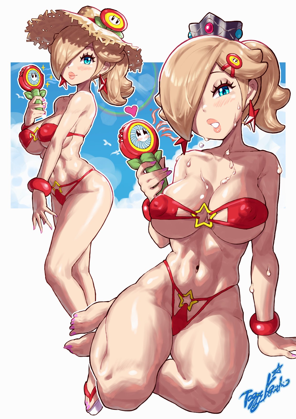 1girls alternate_version_available armwear background big_breasts bikini bikini_bottom bikini_top blonde_hair blue_eyes blush bracelet breasts clothing crown ear_piercing earrings erect_nipples fan feet female female_only flower flower_in_hat hair hair_ornament hair_over_one_eye hairclip hat headwear heart holding_object lips mario_(series) micro_bikini nail_polish nails nintendo nipple_bulge parted_lips pink_nail_polish pink_nails princess_rosalina red_bikini side-tie_bikini smile solo solo_female sun_hat sunhat sweat sweatdrop sweaty thick_lips yamino_ekakinin