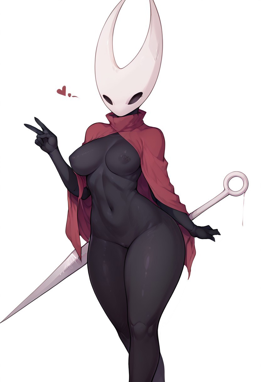 ai generated, anthro, black body, black eyes, breasts, empty eyes, female, female only, genitals, heart, hollow knight, hornet (hollow knight), muscular, muscular female, nipples, nude, pussy, solo, sweat, thick thighs