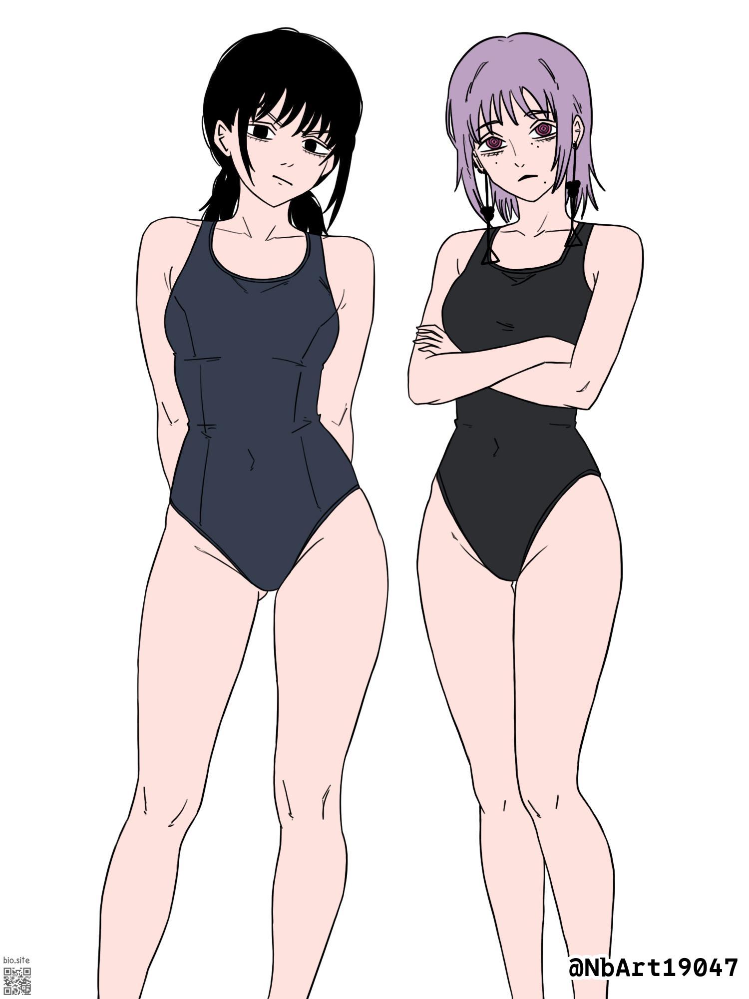 2d, 2d (artwork), 2d artwork, 2girls, arm behind back, arms behind back, ass visible through thighs, bare arms, bare calves, bare hands, bare hips, bare knees, bare legs, bare shoulders, bare skin, bare thighs, belly button, bikini, black bikini, black eyes, black hair, black one-piece swimsuit, black swimsuit, black swimwear, black-eyed female, black-haired female, blank expression, blank eyes, blank stare, bored, bored expression, breasts, chainsaw man, collarbone, curvaceous, curvaceous body, curvaceous female, curvaceous figure, curvaceous hips, curvaceous teenager, curvy, curvy body, curvy female, curvy figure, curvy hips, curvy teen, death devil (chainsaw man), digital, digital art, digital drawing, digital drawing (artwork), digital media, digital media (artwork), drawing, duo, ear piercing, ear piercings, earrings, elbows, emotionless, exposed arms, exposed hips, exposed legs, exposed shoulders, exposed skin, exposed thighs, female, female focus, female only, femcel, fingers, frown, frown eyebrows, frowning, frowning at viewer, groin, hand behind back, hands behind back, head tilt, high resolution, high school student, highres, hourglass figure, inguinal crease, inguinal ligament, japanese, japanese female, japanese girl, knees, lean figure, long hair, looking at viewer, medium breasts, medium hair, mitaka asa, mole, mole on body, mole on cheek, mole on face, mole under each eye, mole under eye, mole under eyes, mole under mouth, multiple females, multiple girls, narrow waist, navel, nbart19047, neutral expression, one-piece swimsuit, pierced ear, pierced ears, pink eyes, pink-eyed female, purple hair, purple-haired female, ring eyes, ringed eyes, school girl, school swimsuit, schoolgirl, scowl, shoulders, simple background, slender body, slender waist, slim female, slim waist, standing, sukumizu, swimsuit, swimwear, teen girl, teenage female, teenage girl, teenager, thighs, tilted head, twintails, twintails (hairstyle), white background, wide hips, young female, young woman