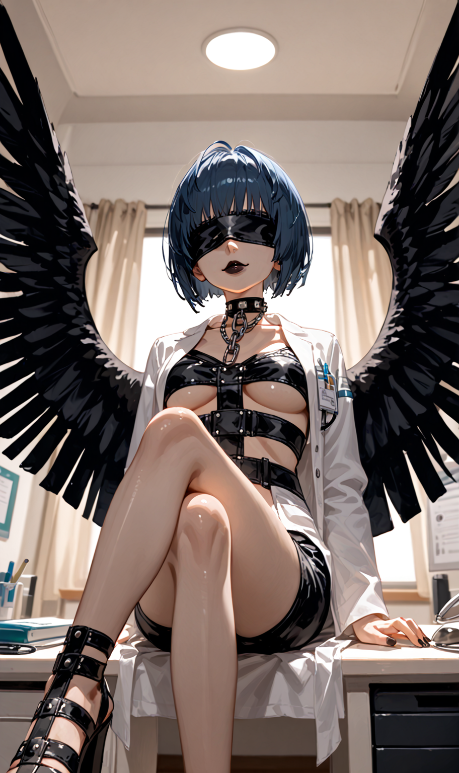 1woman ai_generated angel_(megami_tensei)_(cosplay) atlus back_lit bike_shorts black_angel black_blindfold black_high_heels black_lips black_lipstick black_nail_polish black_wings blindfold blindfolded bob_cut bondage_harness bondage_outfit chain_necklace choker crossed_legs crossed_legs_(sitting) curtains curtains_open desk doctor's_office dominant dominant_female feathered_wings goth hand_on_desk high_heels labcoat leather_harness leather_shorts leather_straps light-skinned_female light_reflection light_skin lipstick low-angle_view low_angle megami_tensei nail_polish name_tag navy_blue_hair necklace nurse overhead_light persona persona_5 persona_5_royal pov shin_megami_tensei shiny_skin short_hair silhouette sitting_on_desk smile strappy_heels studded_choker tae_takemi underboob window wings