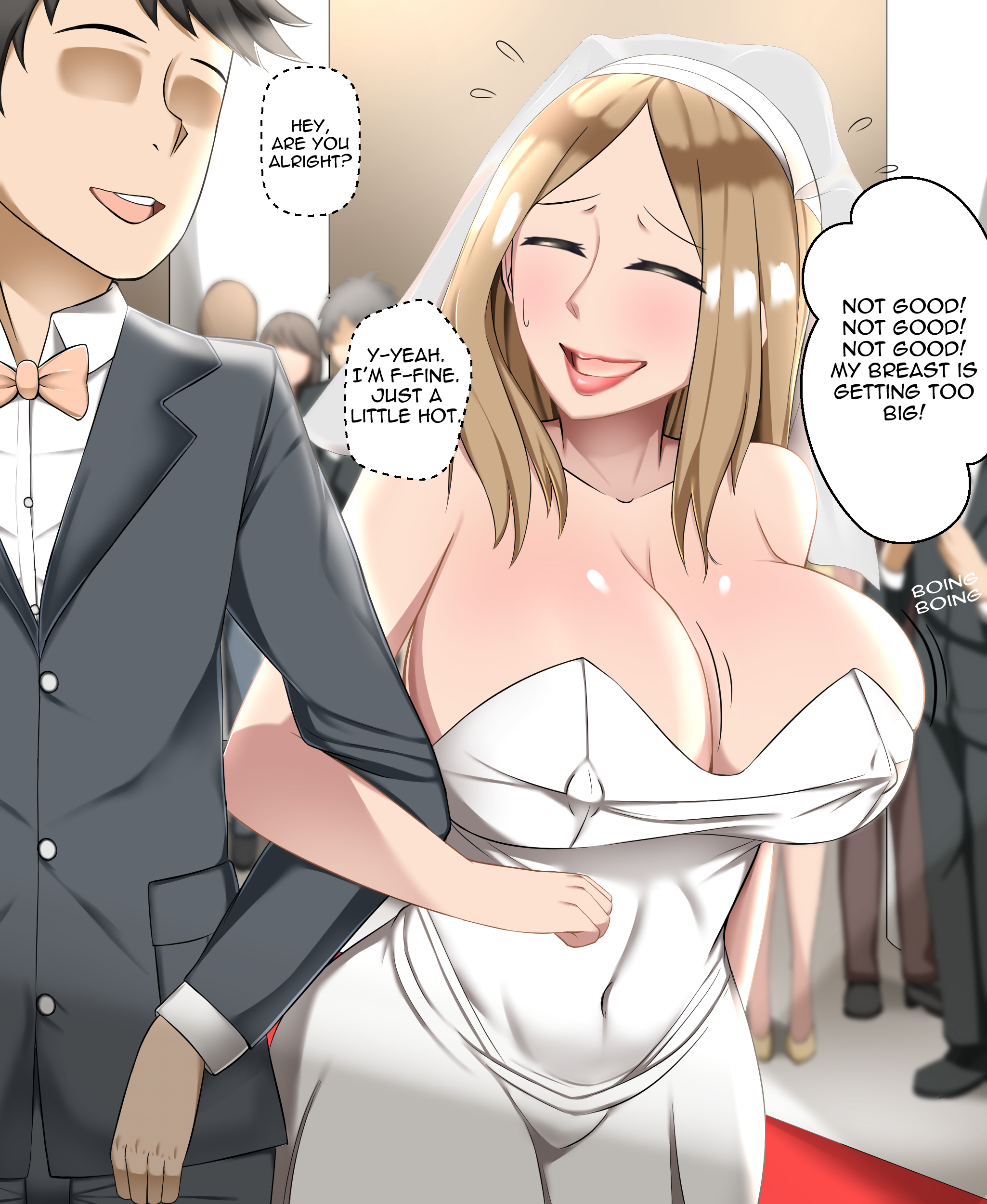 1girls, big breasts, blonde hair, breast expansion, breast growth, breast growth (enlargement), breasts, bride, busty, cleavage, closed eyes, curvaceous, curvy, curvy body, curvy female, curvy figure, english, english text, female, huge breasts, large breasts, original, original character, text, toui, voluptuous, wedding, wedding dress