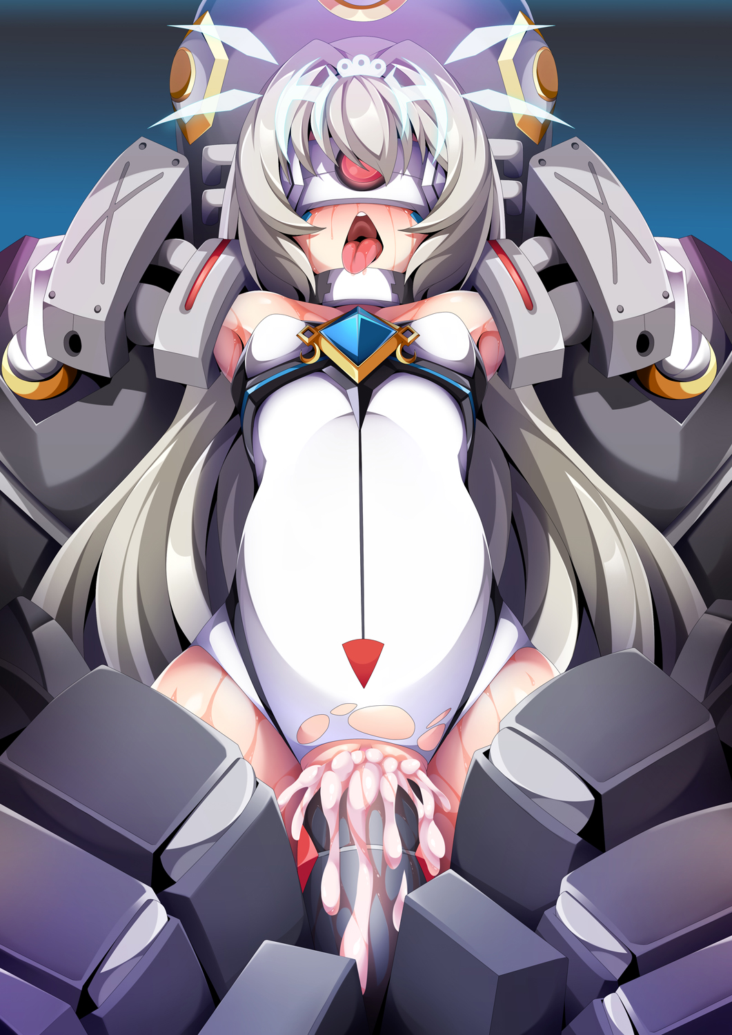 android blindfold breasts clothed_sex cum cum_in_pussy elsword eve_(elsword) female highres inflation inflation machinery restrained skindentation small_breasts solo steelycross thighs tongue tongue_out vaginal_penetration