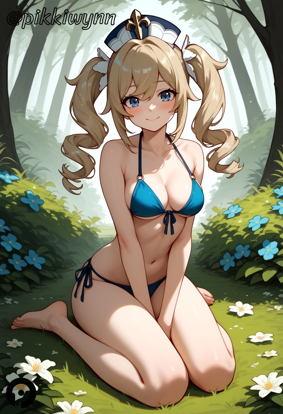 ai_generated bangs barbara_(genshin_impact) bare_arms bare_legs bare_shoulders barefoot between_legs bikini blonde_hair blue_bikini blue_eyes blush breasts cleavage closed_mouth collarbone day drill_hair female flower forest front-tie_bikini_top front-tie_top full_body genshin_impact grass halterneck hand_between_legs hat long_hair looking_at_viewer medium_breasts nature navel outdoors pikkiwynn side-tie_bikini_bottom sidelocks sitting smile solo stomach string_bikini swimsuit thighs tree twin_drills twintails wariza white_flower white_headwear