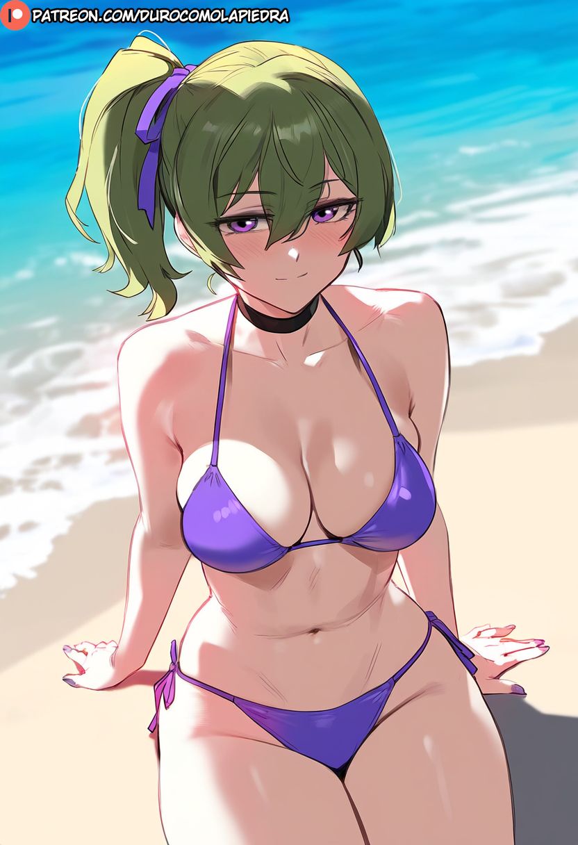 1girls ai_generated beach bikini dclp green_hair medium_breasts on_floor sitting sousou_no_frieren ubel_(sousou_no_frieren)