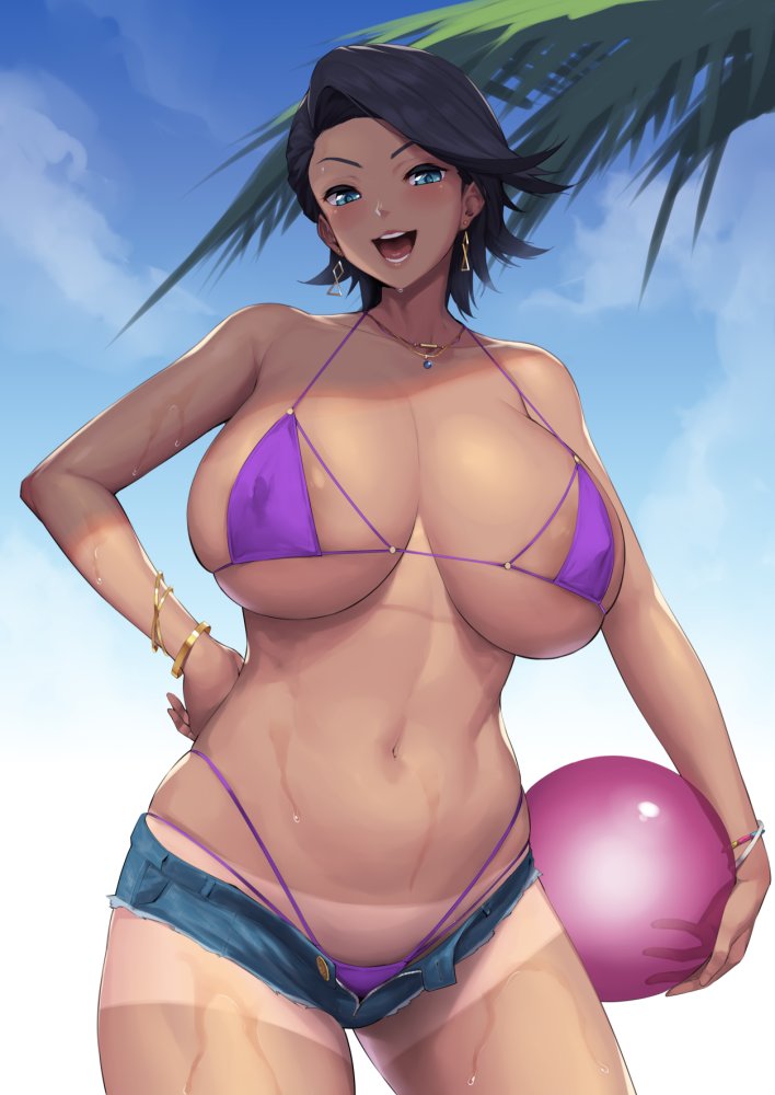 1girls, areola slip, ball (object), big breasts, black hair, blue eyes, bracelet, breasts, earrings, erect nipples under clothes, female, female only, hand on hip, holding ball, light blush, looking at viewer, medium hair, minishorts, necklace, side-tie bikini, side-tie panties, smiling, solo, solo female, tagme (artist), tan skin, tanline, upper body, wet, wet skin