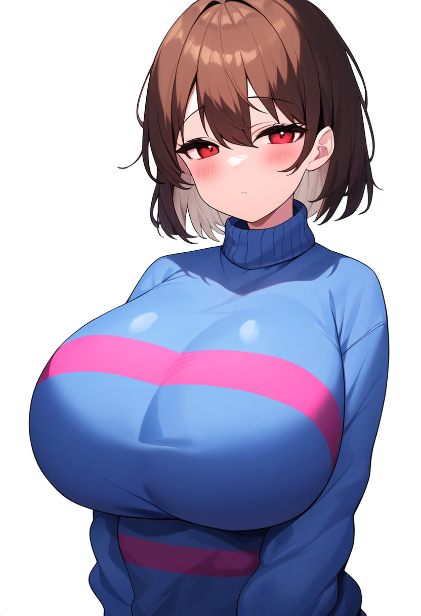 ai_generated blush brown_hair cute frisk frisk_(undertale) huge_breasts jonnyjonn red_eyes shy sweater tight_clothing undertale undertale_(series)