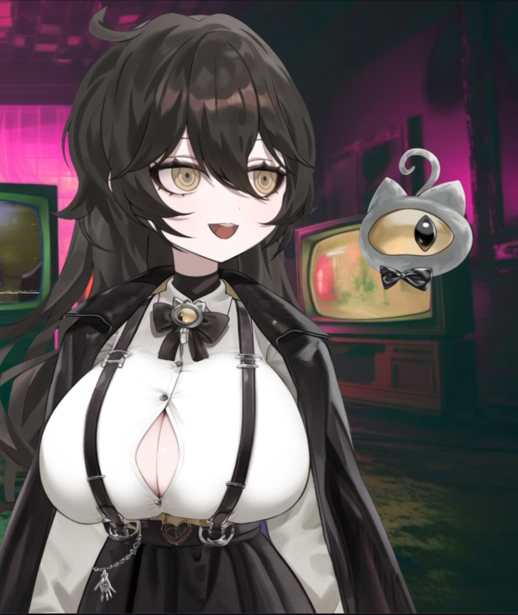 alternate_breast_size black_hair cleavage_window edited_screencap goth grimmivt indie_virtual_youtuber unbuttoned_shirt virtual_youtuber vtuber yellow_eyes