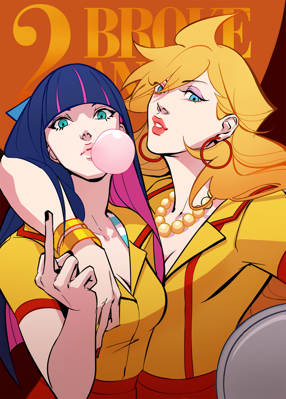 10s 2_broke_girls 2girls aqua_eyes arm_around_shoulder blonde_hair blowing_bubbles blue_eyes blue_hair bracelet breasts chewing_gum cleavage clothing cpieng earrings eyeshadow female highres hoop_earrings human jewelry lips lipstick long_hair looking_at_viewer makeup medium_breasts middle_finger multicolored_hair multiple_girls necklace pale_skin panty_&_stocking_with_garterbelt panty_anarchy pearl_necklace pink_hair siblings sisters stocking_anarchy two-tone_hair waitress