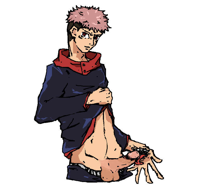 drawing erection itadori_yuuji jujutsu_kaisen mspaint nand0ffline nsfw penis pink_hair ryoumen_sukuna_(jujutsu_kaisen) testicles tongue_out twitter twitter_username uncensored