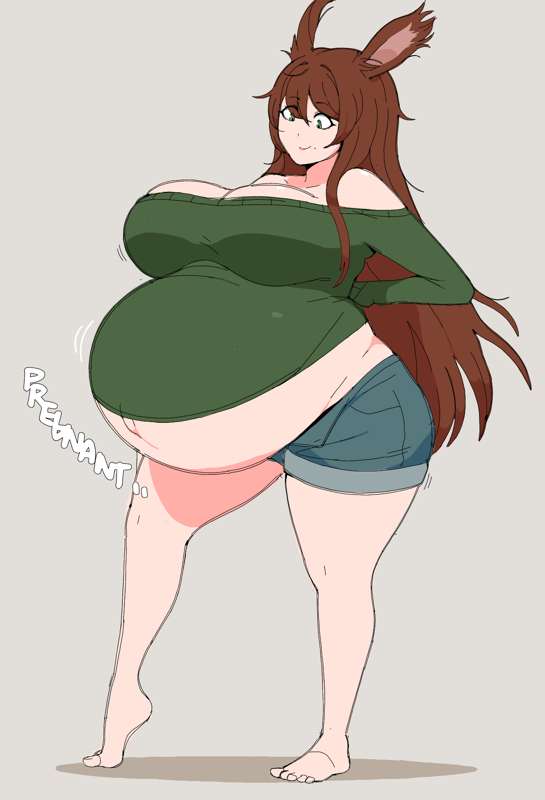 1girls 2024 2d 2d_(artwork) big_ass blue_shorts brown_hair bunny_ears character_request fat green_eyes green_shirt huge_breasts hyper_pregnancy jakejaccobus jean_shorts jpeg long_hair shorts