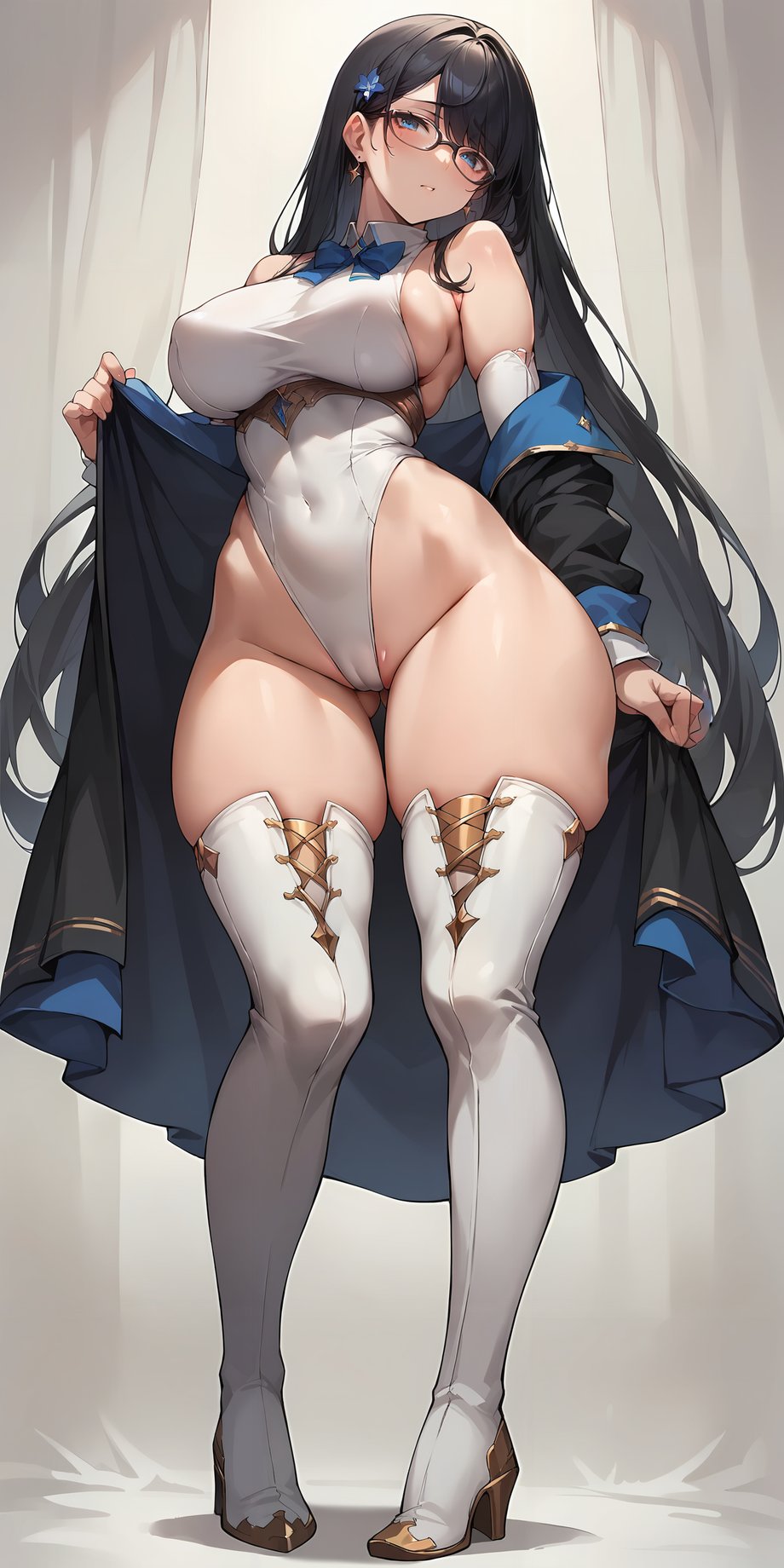 ai_generated black_hair cameltoe clothed full_body glasses jenny_05 original_character thigh_highs