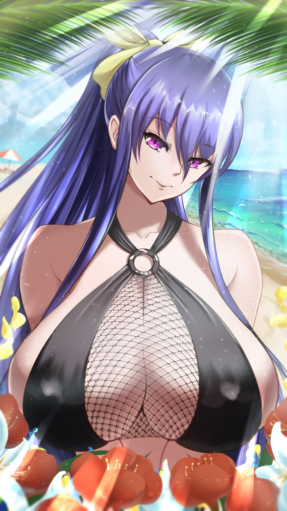 akiyama rinko, beach, bikini, blue hair, breasts, cleavage, female, hair ornament, huge breasts, kunoichi, long hair, looking at viewer, offering, outdoors, ponytail, purple eyes, smile, taimanin (series), unknown artist