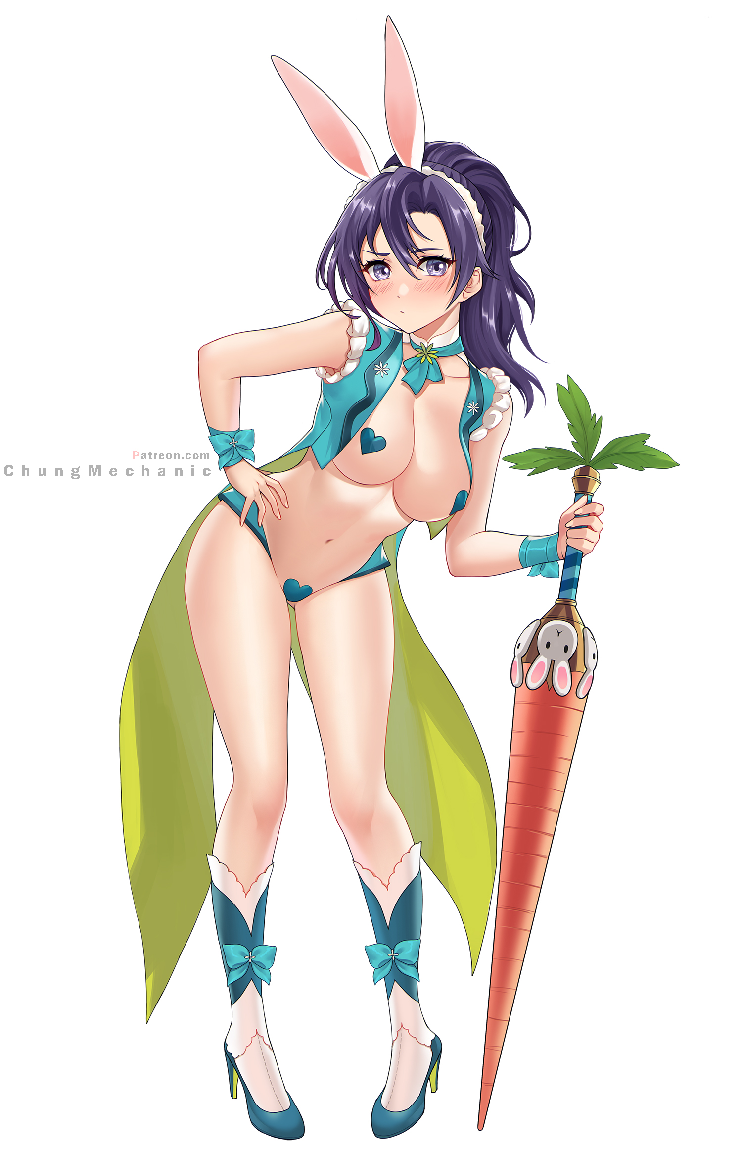 animal ears, bare legs, bare midriff, big breasts, blush, breasts, bunny ears, bunny girl, bunnysuit, carrot, chungmechanic, female, fir (fire emblem), fire emblem, fire emblem heroes, fire emblem: the binding blade, high heel boots, high heels, highres, large breasts, leaning forward, looking at viewer, medium hair, meme attire, midriff, nintendo, pasties, playboy bunny, ponytail, purple eyes, purple hair, raised eyebrow, reverse bunnysuit, reverse outfit, simple background, solo, white background