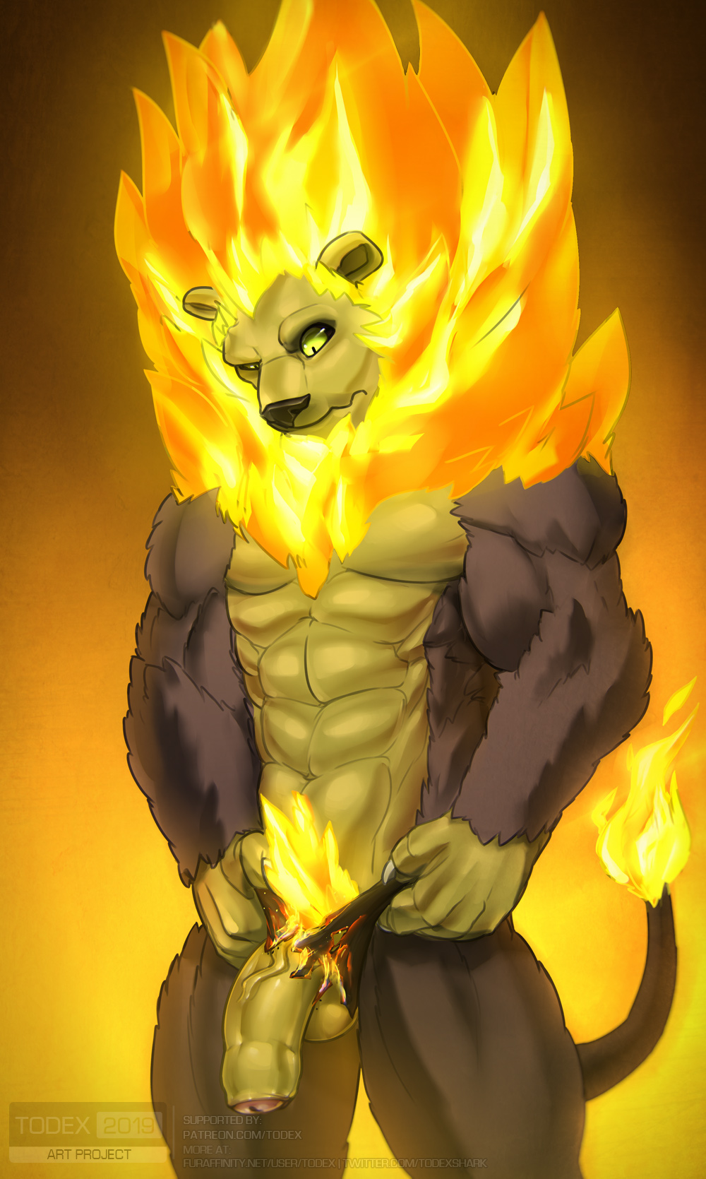 anthro balls bara barazoku big_penis burnt_clothes flaccid furry lion male male_only muscles muscular penis rivals_of_aether solo solo_male todex zetterburn