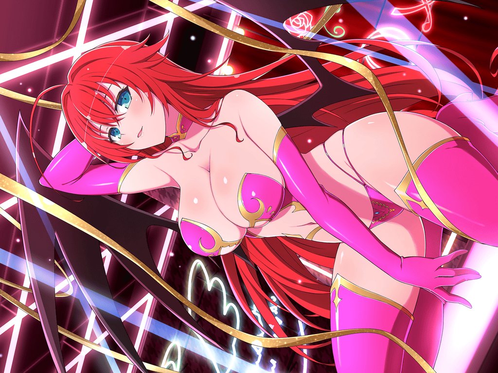 ahoge arm_behind_head armpits ass_visible_through_thighs bare_belly belly_button big_breasts blue_eyes blush body_blush boots bra breasts choker cleavage collarbone crossover demon_wings elbow_gloves gloves high_heel_boots high_school_dxd indoors long_hair marvelous multi-strapped_panties official_art open_mouth panties pink_bra pink_gloves pink_panties pink_thighhighs red_hair revealing_clothes rias_gremory seductive_smile senran_kagura_new_link shiny_skin sideboob stage stage_lights strapless thighhighs thong underboob underwear yaegashi_nan zettai_ryouiki