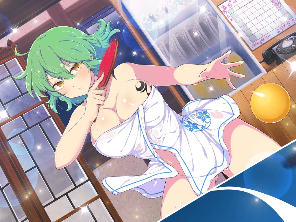 ahoge ass_visible_through_thighs ball bare_arms bare_legs bare_shoulders bare_thighs big_breasts blush body_blush breast_tattoo breasts cleavage green_hair groin hikage_(senran_kagura) naked_towel official_art open_towel parted_lips senran_kagura senran_kagura_new_link shiny_skin short_hair standing table_tennis tattoo thighs towel towel_only water_drop wet_body wet_hair wet_towel yaegashi_nan yellow_eyes