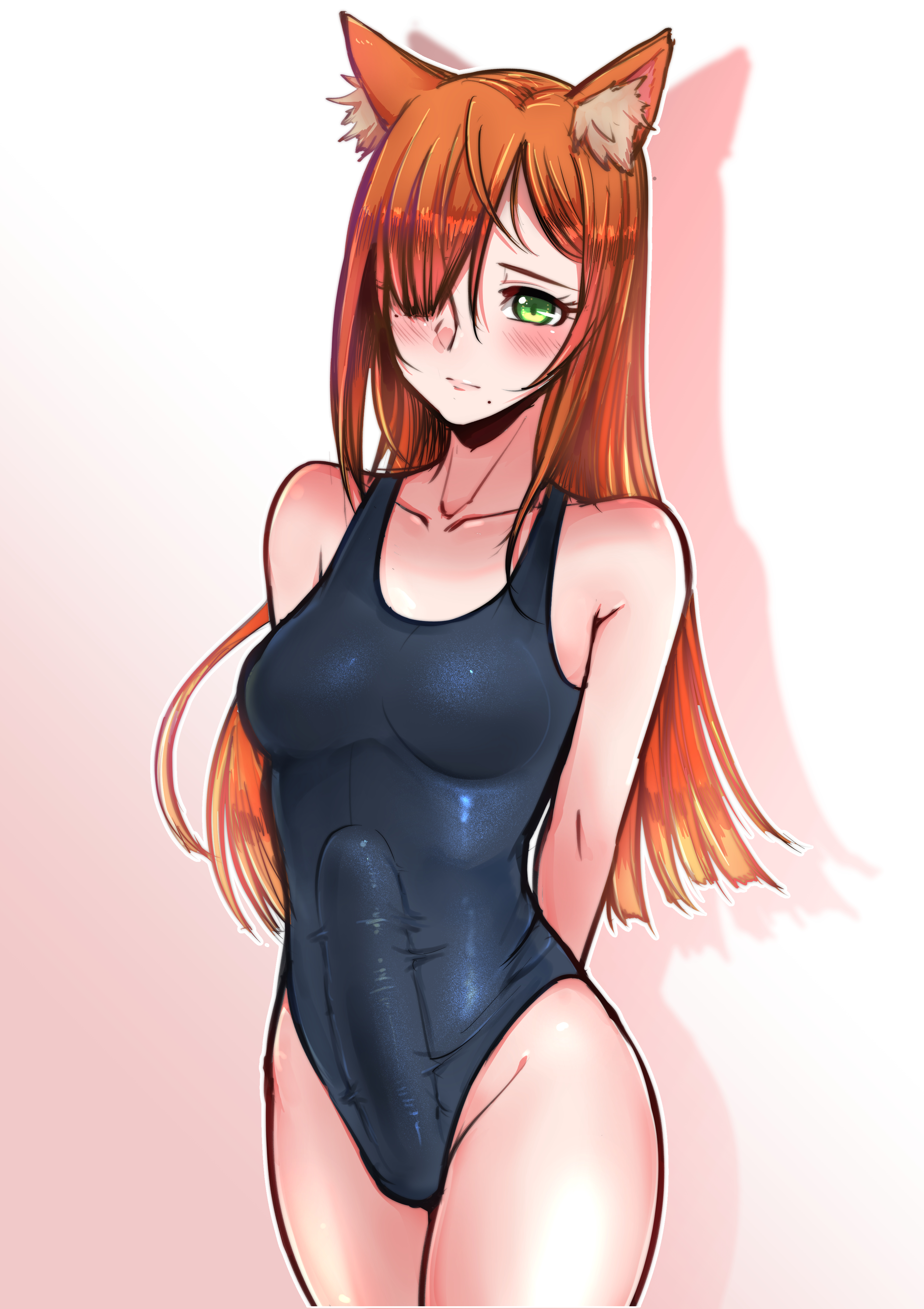1futa, animal ears, blush, breasts, bulge, cameltail, clothed, clothing, curvy, ear tuft, erection, erection in panties, erection under clothes, female, fox ears, fox girl, futa only, futa sans balls, futanari, hands behind back, huge penis, humanoid, intersex, kemonomimi, looking at viewer, medium breasts, mole, mole under mouth, one-piece swimsuit, pale skin, panties, panty bulge, partially clothed, penis, penis bulge, penis in panties, penis under clothes, shy, solo, solo futa, standing, swimsuit, tenting, tinnies