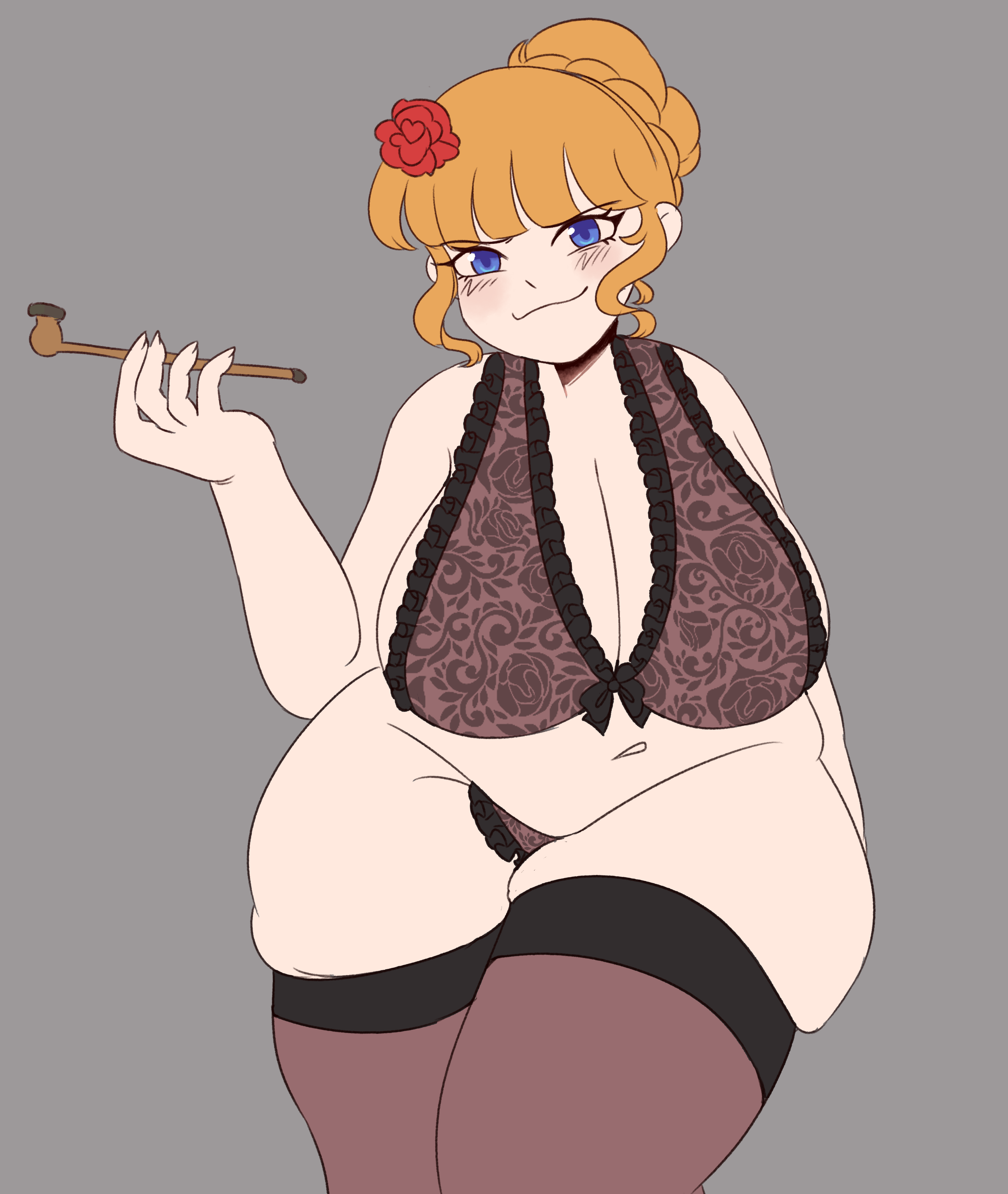 :3, 1girls, angelicobituary, beatrice (umineko), black bra, black thighhighs, blue eyes, bra, braid, chubby, closed mouth, fat, female, female only, flower, frilled bra, frills, grey background, hair flower, holding, holding smoking pipe, huge breasts, looking at viewer, navel, orange hair, plump, red flower, simple background, skindentation, smoking pipe, smug, solo, solo female, thick thighs, thighhighs, thighs, umineko no naku koro ni