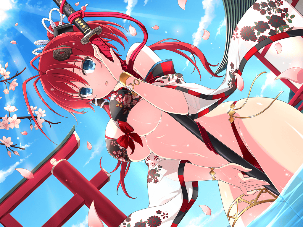 antenna_hair ass_visible_through_thighs bare_arms bare_belly bare_legs bare_shoulders bare_thighs belly_button big_breasts bikini blue_eyes body_blush breasts cleavage crossover hair_ornament holding_sword hyakka_ryouran_samurai_girls japanese_clothes katana long_hair official_art open_mouth partially_submerged red_hair senran_kagura_new_link shiny_skin thigh_strap thighs underboob water wet_body wet_hair yaegashi_nan yagyuu_juubei_(hyakka_ryouran)