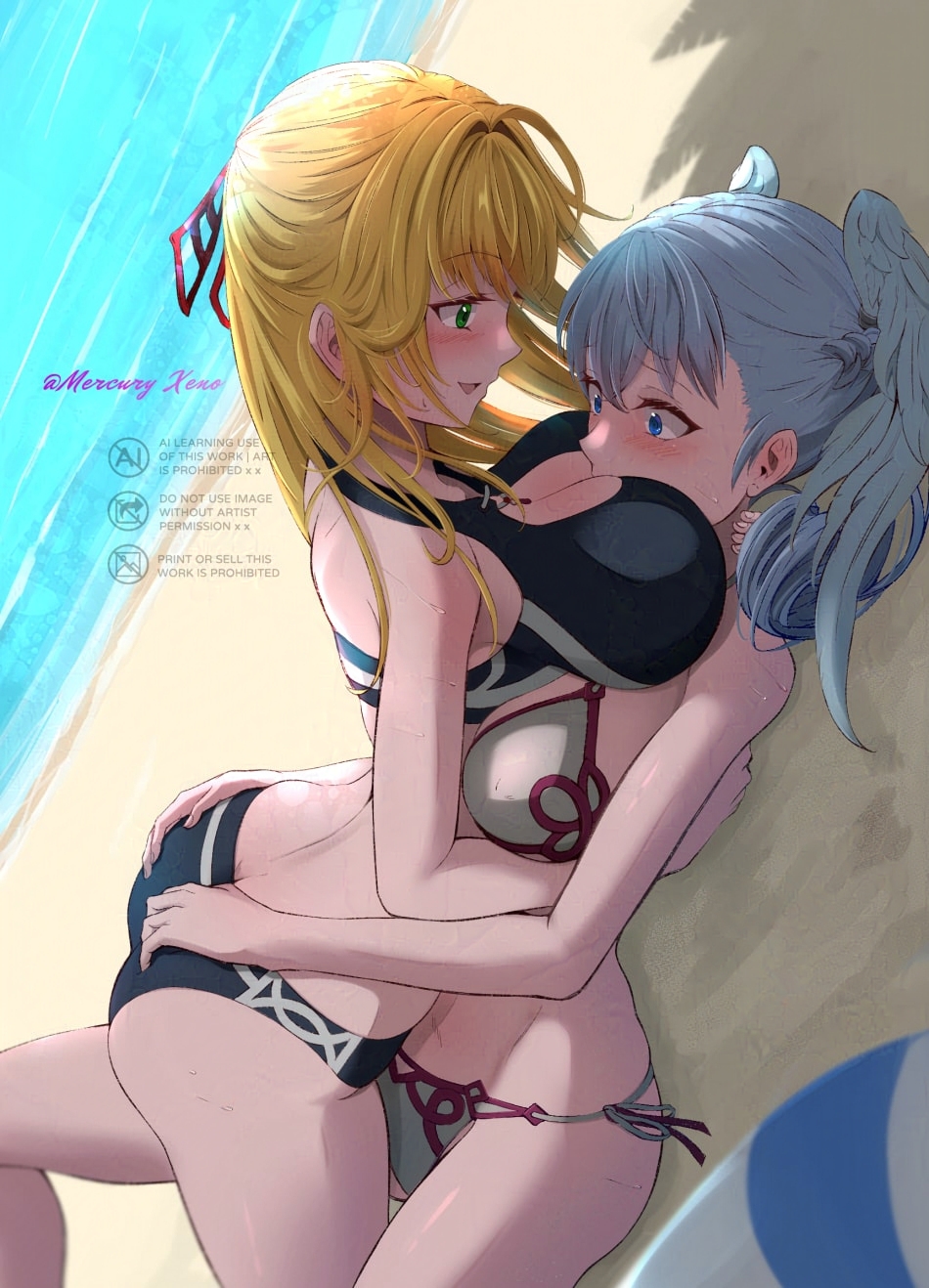 2girls alternate_breast_size alternate_costume ass ass_grab beach blonde_hair blue_eyes blush breast_sucking breasts breasts_in_face bubble_ass cleavage dominant_female fat_ass femdom femsub fiora_(xenoblade) green_eyes groping_ass highres large_ass large_breasts long_hair massive_breasts melia_antiqua mercury_xeno monolith_soft nervous nintendo official_alternate_costume silver_hair smothering_breast submissive_female thick_ass thick_thighs thighs water wings wings_on_head xenoblade_(series) xenoblade_chronicles yuri