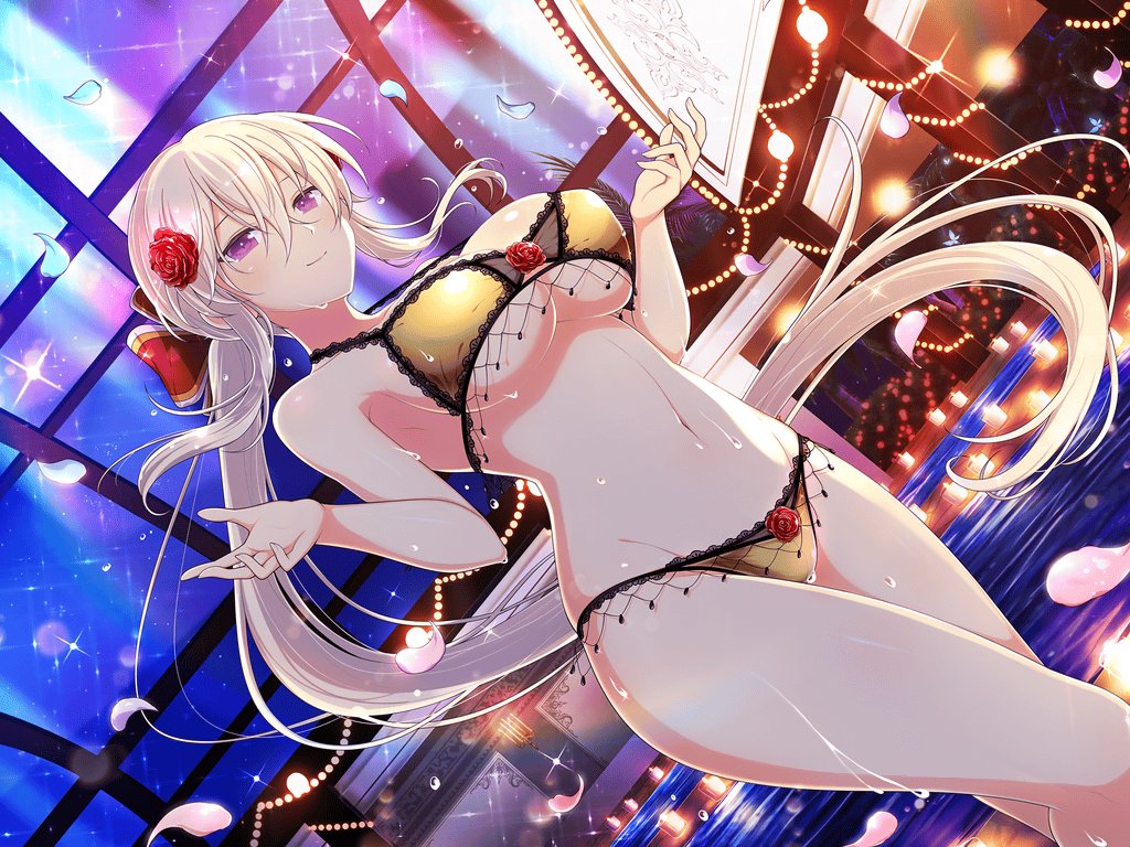 armpits ass_visible_through_thighs bare_arms bare_belly bare_legs bare_shoulders bare_thighs belly_button big_breasts bikini blonde_hair blush body_blush breasts cleavage closed_mouth collarbone flower_in_hair golden_bikini groin hair_ribbon indoors lace-trimmed_bikini lace_trim leo_(senran_kagura) long_hair marvelous micro_bikini night official_art petals ponytail poolside purple_eyes senran_kagura senran_kagura_new_link shiny_skin sideboob smile swimsuit thighs underboob water water_drop wet_body wet_hair wide_hips yaegashi_nan