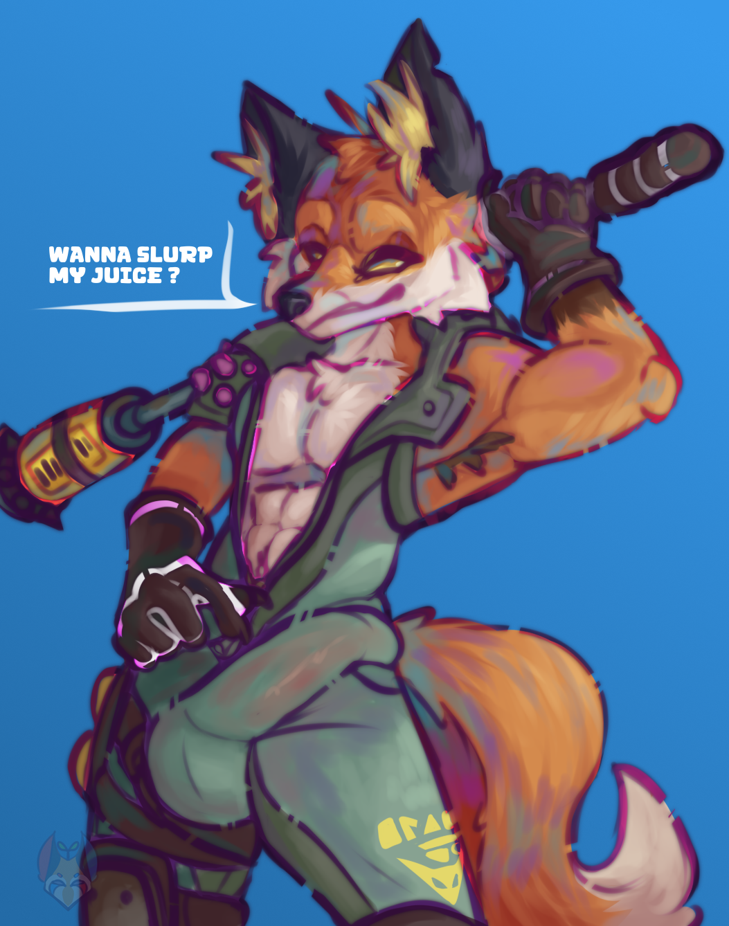 anthro balls bulge canid canine clothed clothing detailed_bulge digital_media_(artwork) epic_games erection fennix_(fortnite) fortnite fox fur genitals hair hi_res josendall_art looking_at_viewer male mammal orange_body orange_fur penis red_fox simple_background smile solo tail text true_fox white_body