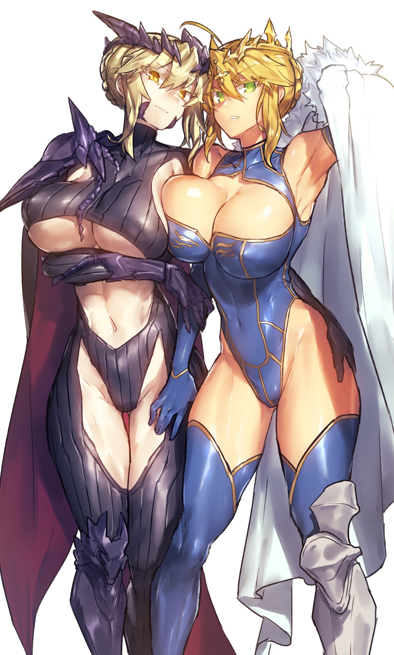 2girls, armpits, artoria pendragon, artoria pendragon (lancer alter), artoria pendragon (lancer), blonde hair, breasts, cloak, fate (series), fate/grand order, female, green eyes, hair bun, hair ornament, hand on thigh, huge breasts, leotard, light skin, light-skinned female, looking at viewer, melon22, midriff, multiple females, multiple girls, muscular, muscular thighs, pale skin, pale-skinned female, thighhighs, thighs, yellow eyes
