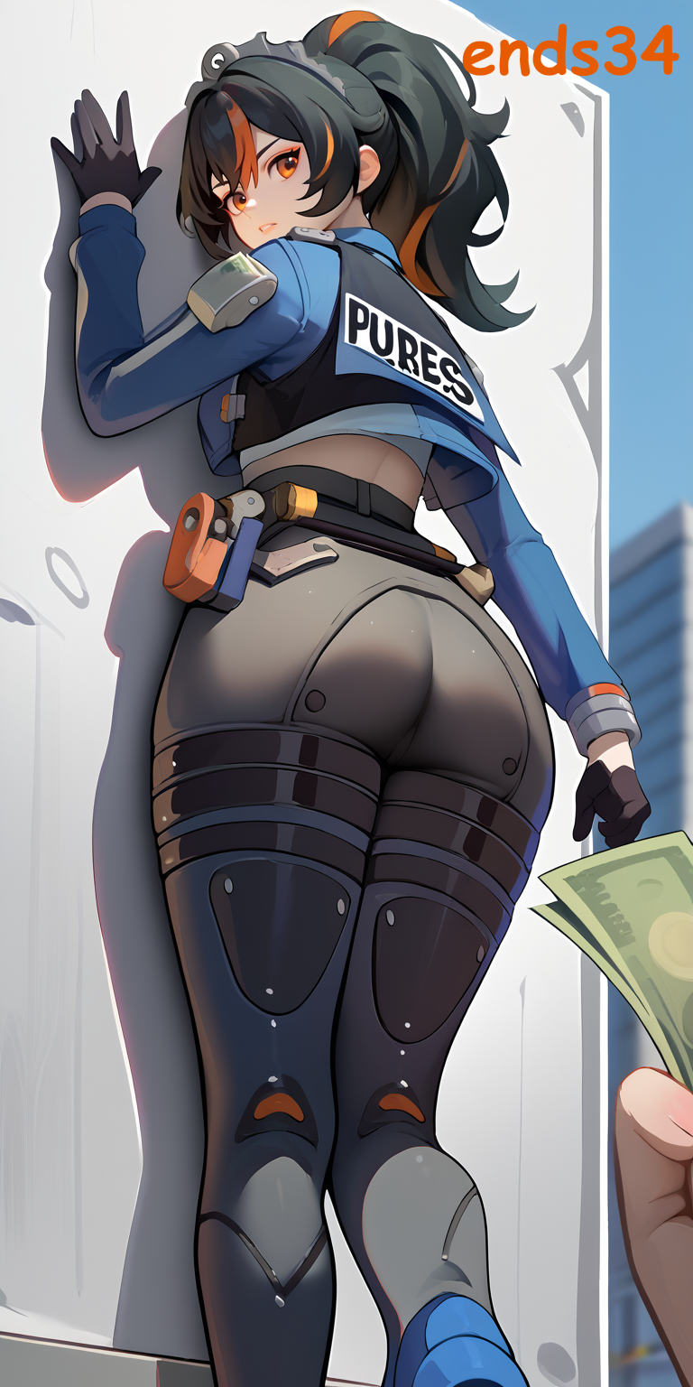 ai generated, ass, big ass, ends34, female, female only, long hair, money, police, police uniform, prostitution, zenless zone zero, zhu yuan