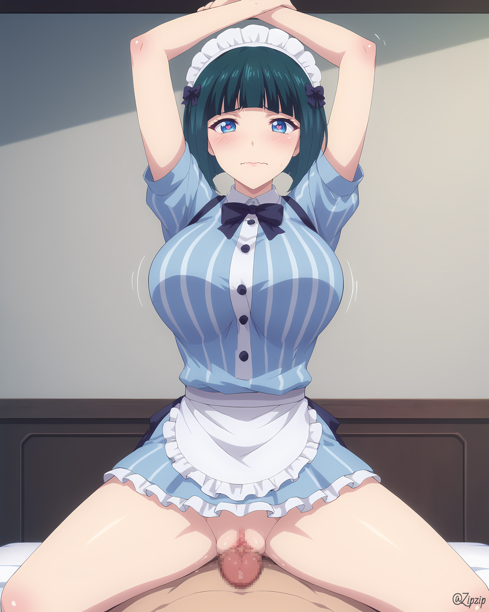 ai_generated big_breasts blue_eyes blushing_at_viewer enormous_breasts female_focus green_hair huge_breasts maid maid_headdress medium_hair megami_no_kafeterasu ono_shiragiku penis_on_pussy pussy rubbing_pussy slutty_outfit spread_legs zipzip