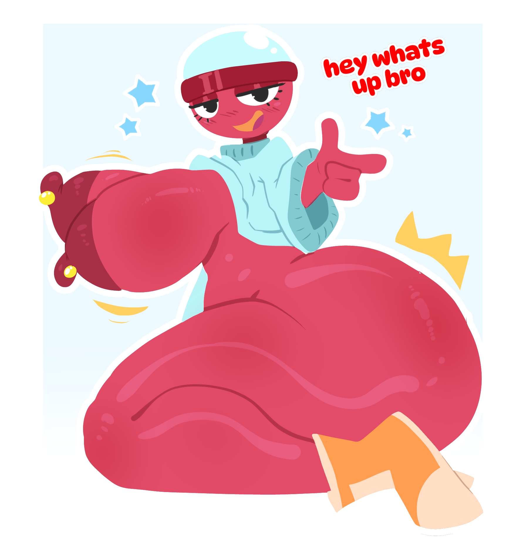 1girls, big ass, big breasts, dandy's world, fanart, female, gigi (dandy's world), huge ass, huge breasts, nipples, nude female, pointing, red body, roblox, smile, smiling, smiling at viewer, suglir, talking to viewer, teeth, text