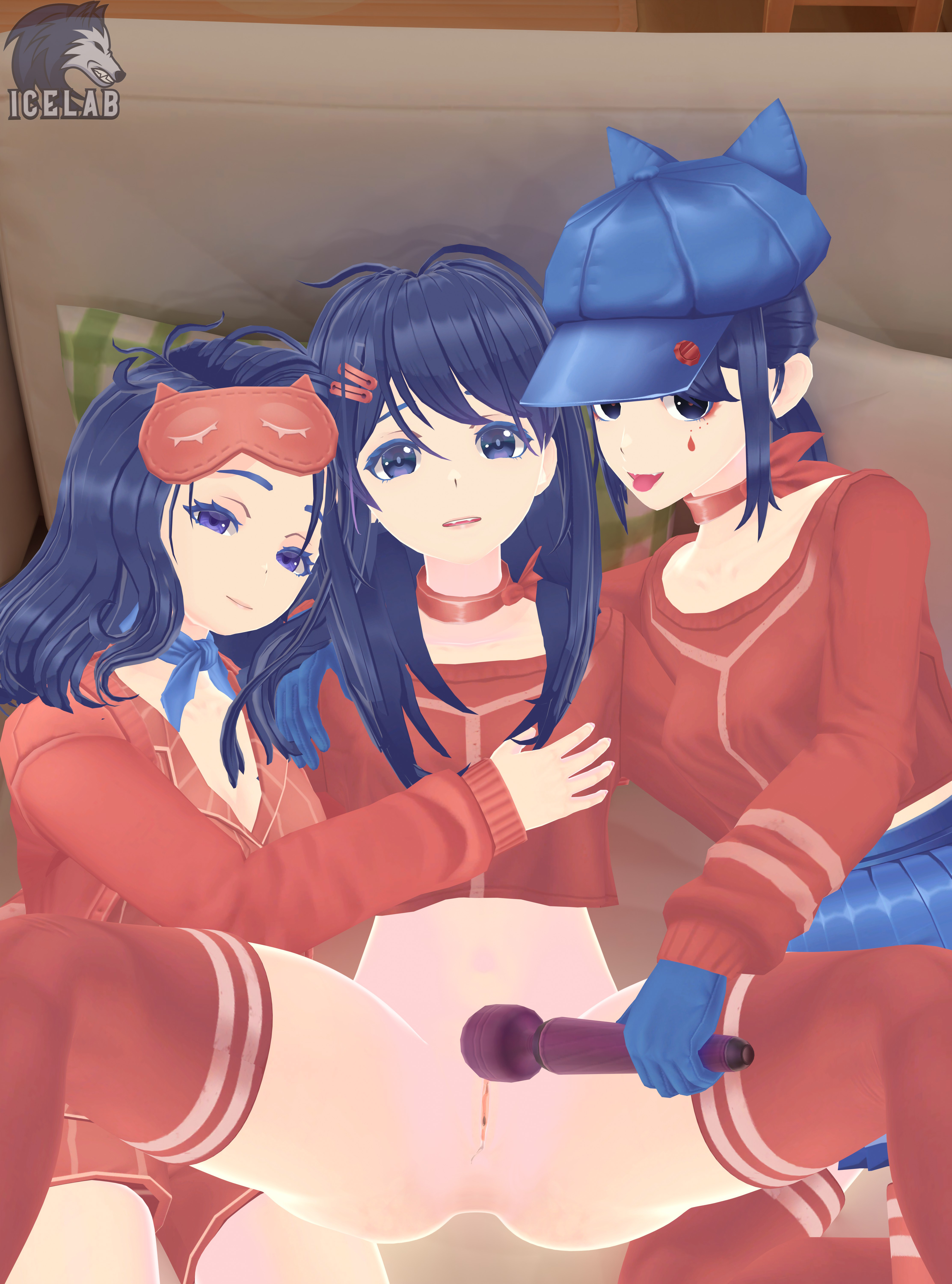 3d, blue eyes, cap, cumming together, female, group sex, icelab, inviting, inviting to sex, masturbation, miside, mita, mita (miside), multiple persona, pussy, selfcest, sex, vibrator, vibrator in pussy