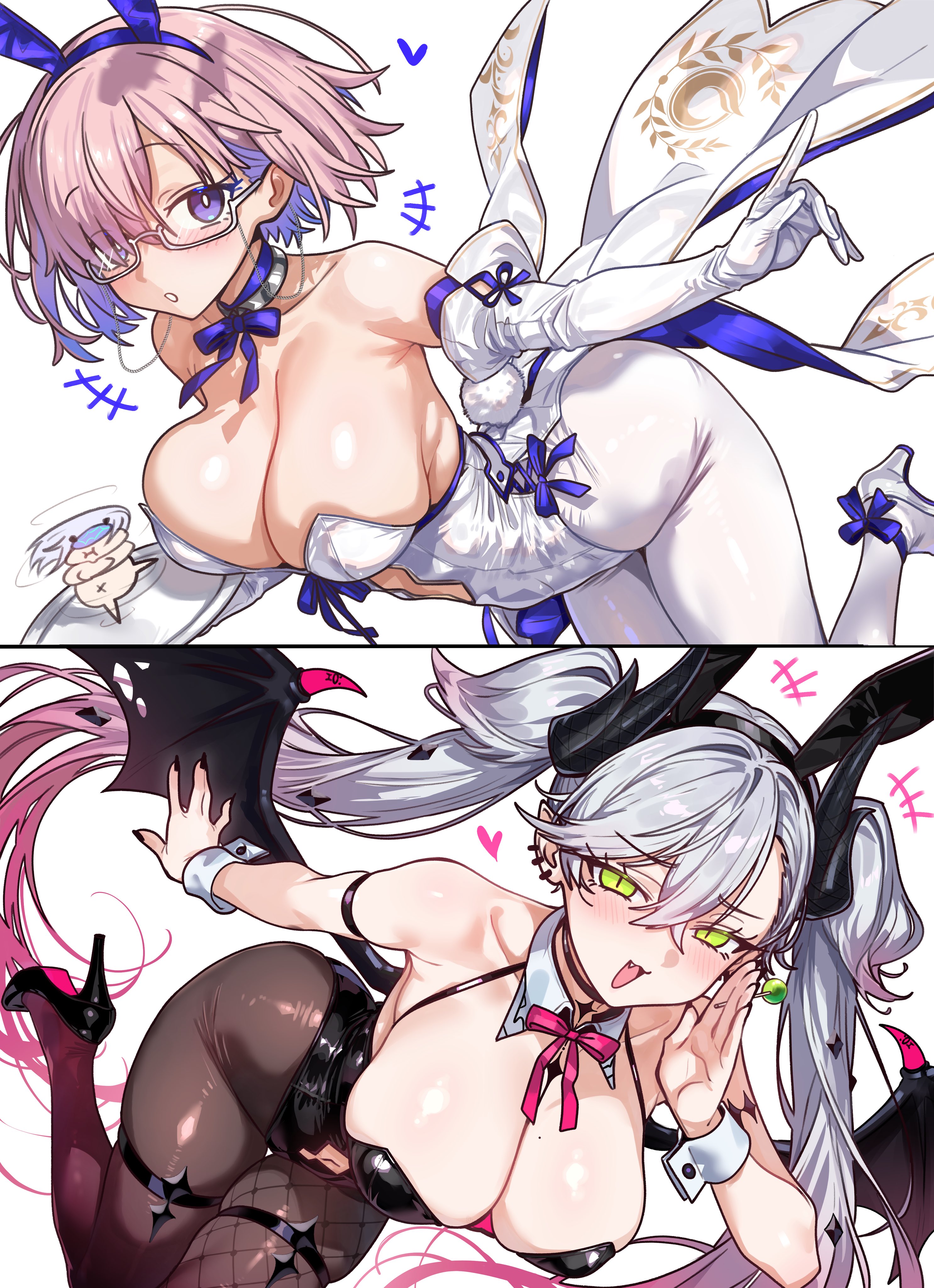 :3, :o, 3girls, big breasts, blush, breasts, bunny ears, bunny tail, bunnysuit, cleavage, cute fang, demon, demon girl, demon wings, detached collar, detached sleeves, ear piercing, ebora, elbow gloves, fake animal ears, fake tail, fangs, fate (series), fate/grand order, female, glasses, gloves, green eyes, hair between eyes, hair over one eye, high heels, horn, large breasts, leotard, light skin, light-skinned female, lilith (fate), long hair, mash kyrielight, medium breasts, melusine (fate), mole, mole on breast, open mouth, pantyhose, pink hair, purple eyes, purple hair, ribbon, short hair, slit pupils, thigh strap, tied hair, twintails, white hair, wings, wrist cuffs, youngmanisdown
